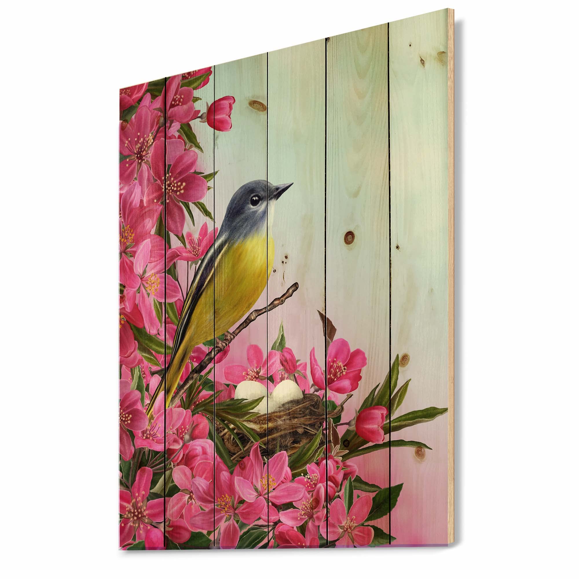 DesignQ Traditional Wood Wall Decor - Little Yellow Bird Near The Nest With Flowers, Pink Wood Wall Art, Large Animals Wood Panels Printed on Natural Pine | Home Decor, Living Room, Bedroom, Nursery Wall Art