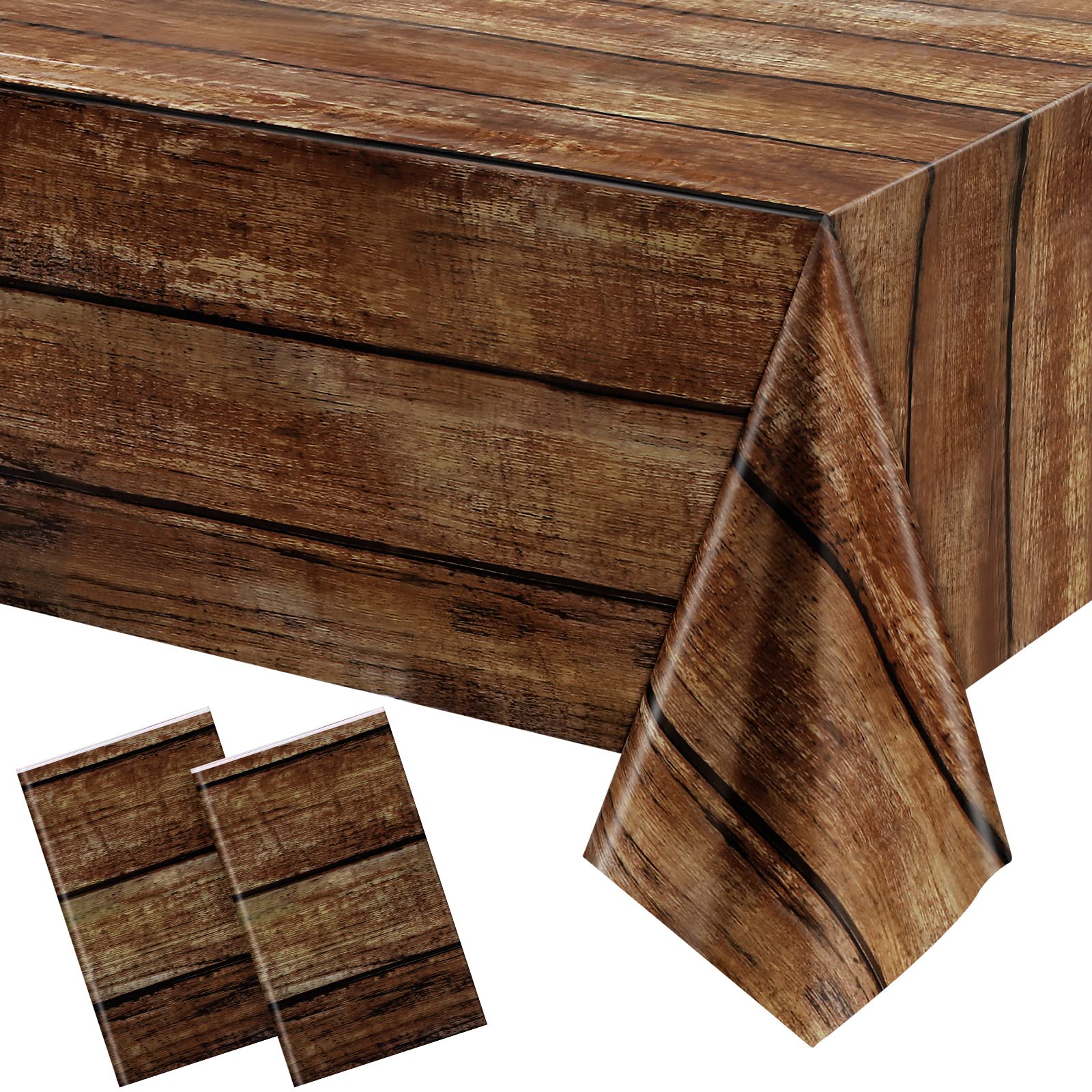 Rustic Brown Wood Grain Plastic Tablecloth - Vintage Farmhouse Rectangle Table Cover for Western Barn, Birthday & Wedding Decor (2 Pack, 54 x 108 Inches) - Perfect for Dining Room, Kitchen & Outdoor Party Settings