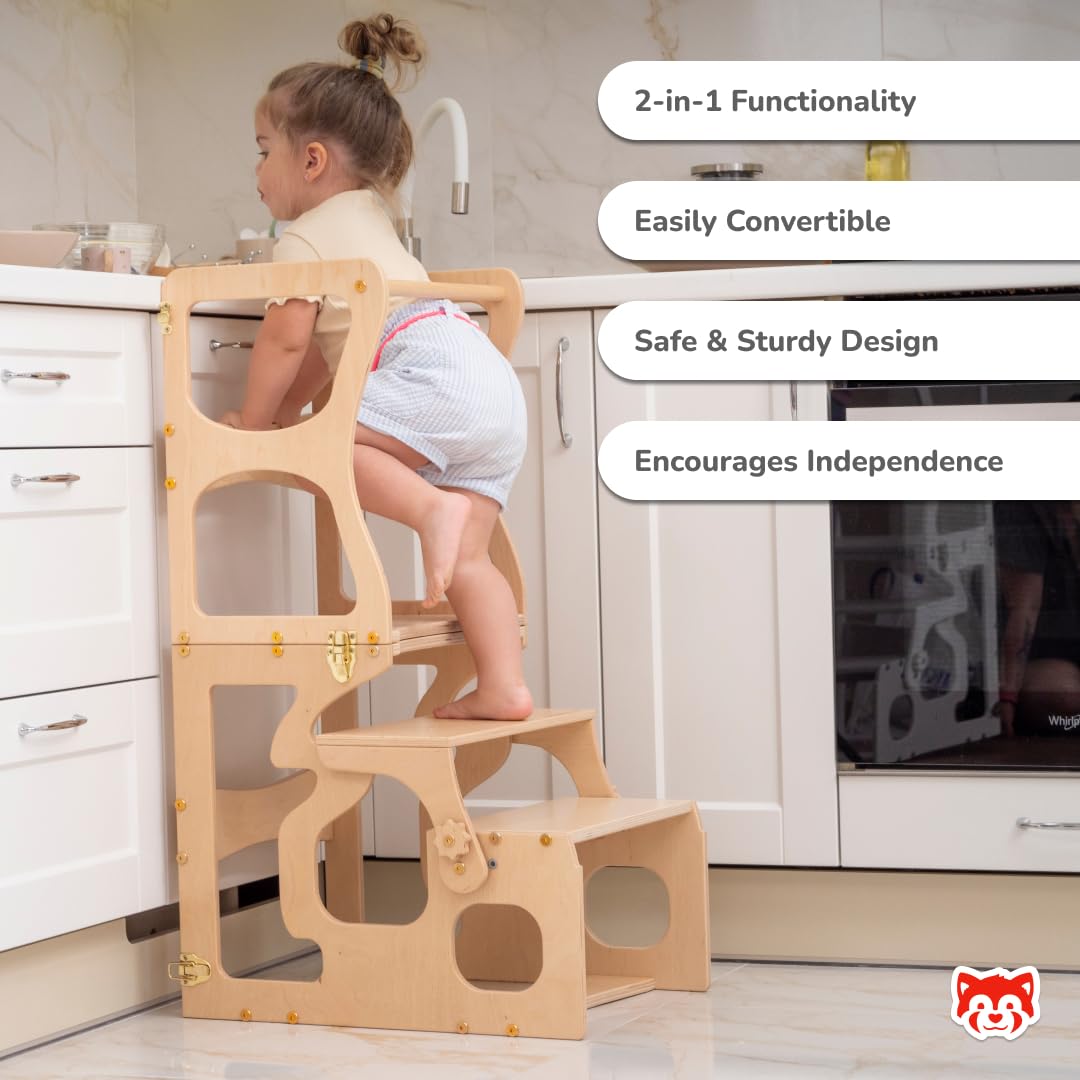 Wooden Toddler Tower with Foldable Design & Shapes Cutouts - Safe Kitchen Step Stool for Kids - Made in EU - Perfect for Baking, Cooking & Learning Independence