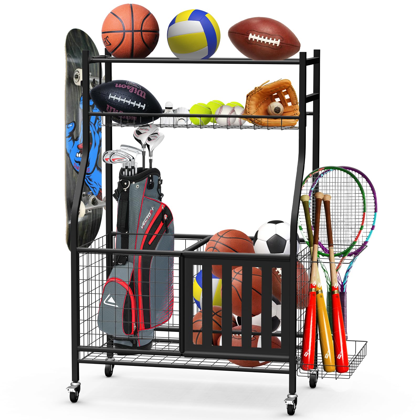 2025 Large Capacity Garage Sports Equipment Organizer - Steel Ball Storage Rack with Hooks & Baskets for Football, Soccer, Baseball Bats & Toys | Perfect for Garage Organization & Kids' Playroom Storage