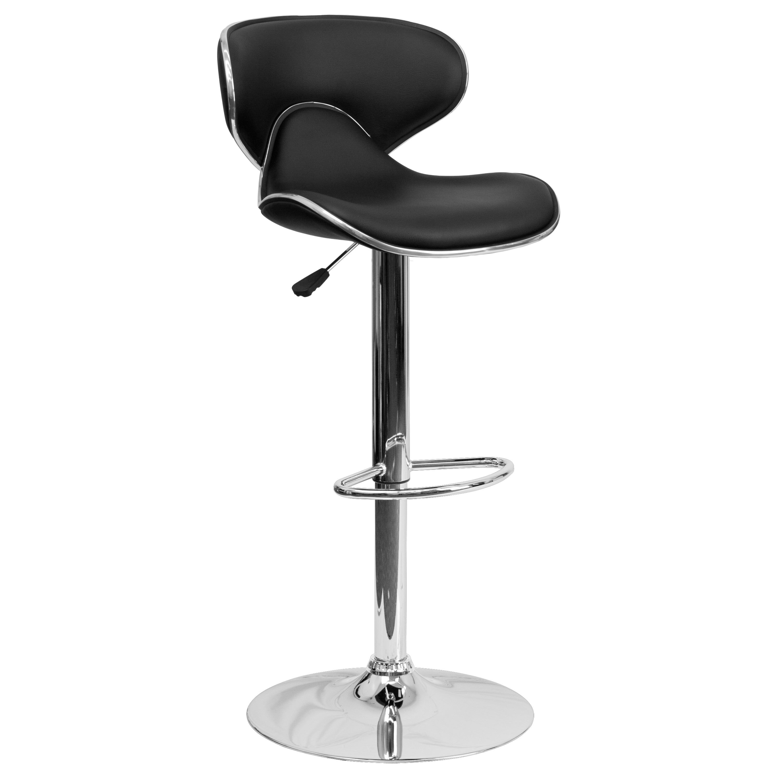 Devin Contemporary Adjustable Height Barstool - Black Vinyl Upholstery, Chrome Base - Modern Kitchen Island & Home Bar Stool for Dining & Entertaining