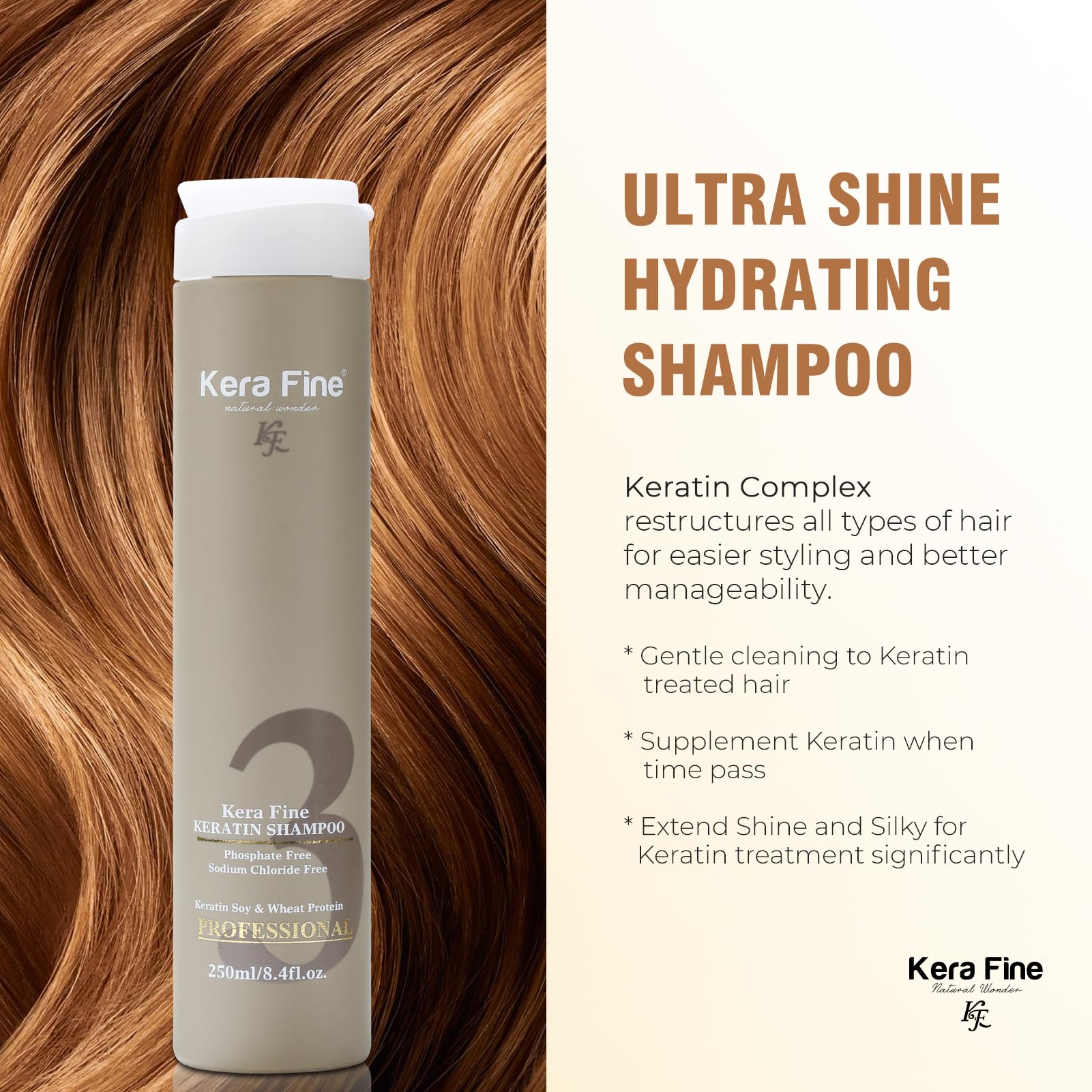 KERA FINE Sulfate-Free Shampoo & Conditioner Combo Pack (250ml+250ml) - Paraben & Phosphate Free, No Sodium Chloride - Ultra Shine Hydrating Hair Care with Keratin, Soy & Wheat Protein - Perfect for Damaged, Dry & Frizzy Hair at Home or Salon