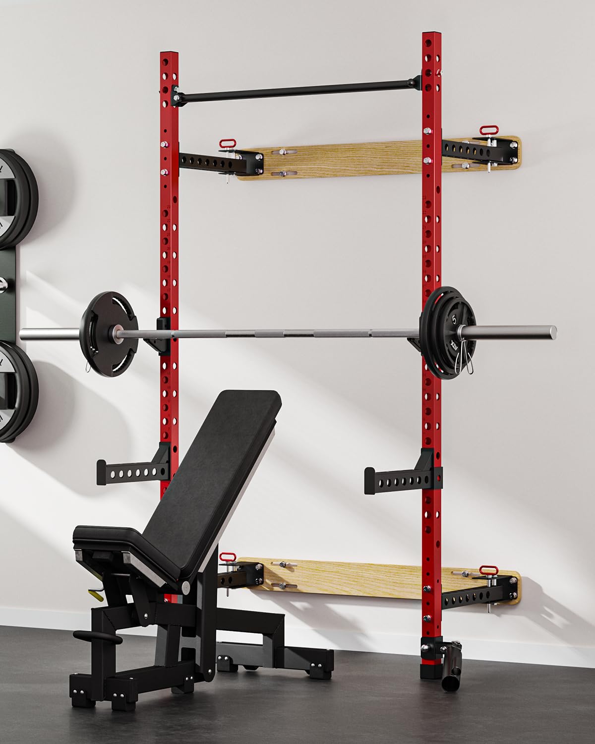 Foldable Wall Mounted Squat Rack - 1100 LBS Capacity Power Rack with Pull Up Bar, J Hooks, Landmine & Spotter Arms | Multi-Functional Home Gym Equipment for Strength Training | Space Saving Design for Small Home Workouts | Perfect for CrossFit, Weightlifting & Full-Body Exercises