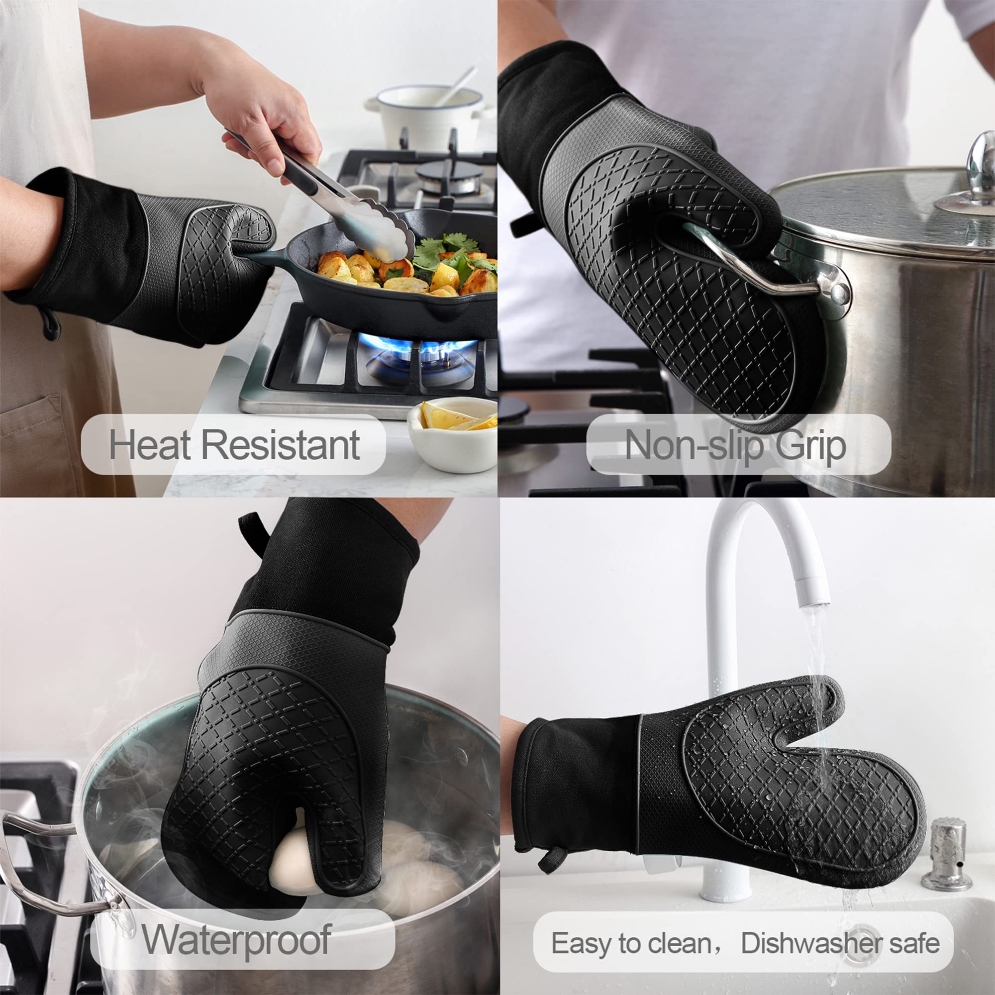 Heat Resistant Silicone Oven Mitts and Pot Holders Set - 600°F Protection with Soft Lining & Non-Slip Grip - 4-Piece Kitchen Accessories (Oven Gloves + Trivet) - Perfect for Baking, Grilling, and Cooking - Black
