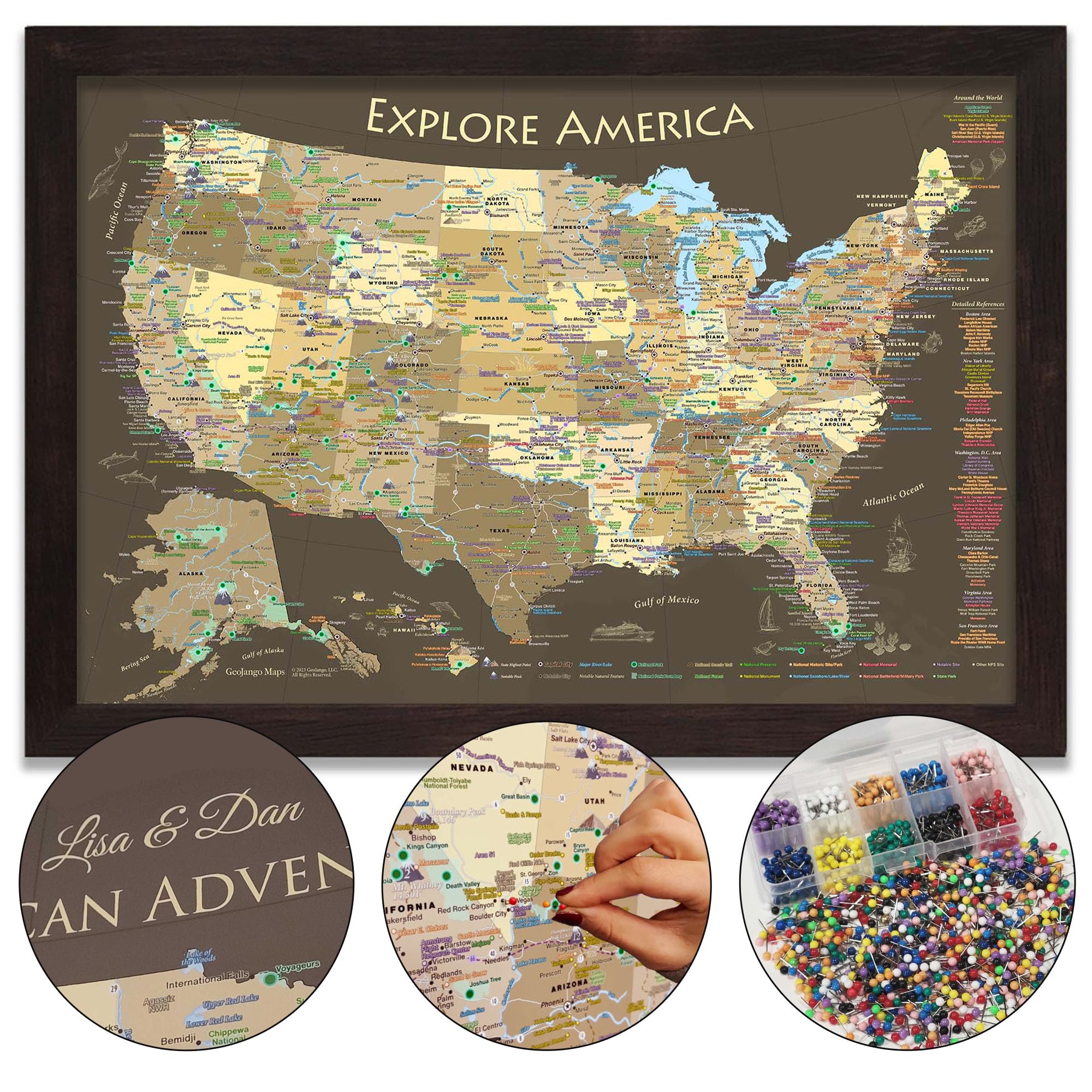Personalized USA National Park Map with Pins - Custom Push Pin Travel Map for US National Parks, State Landmarks & Highest Peaks - Brown Edition Framed Map or Stretched Canvas (Includes 500 Pins) - Perfect for Travel Enthusiasts, Home Decor & Adventure Gifts