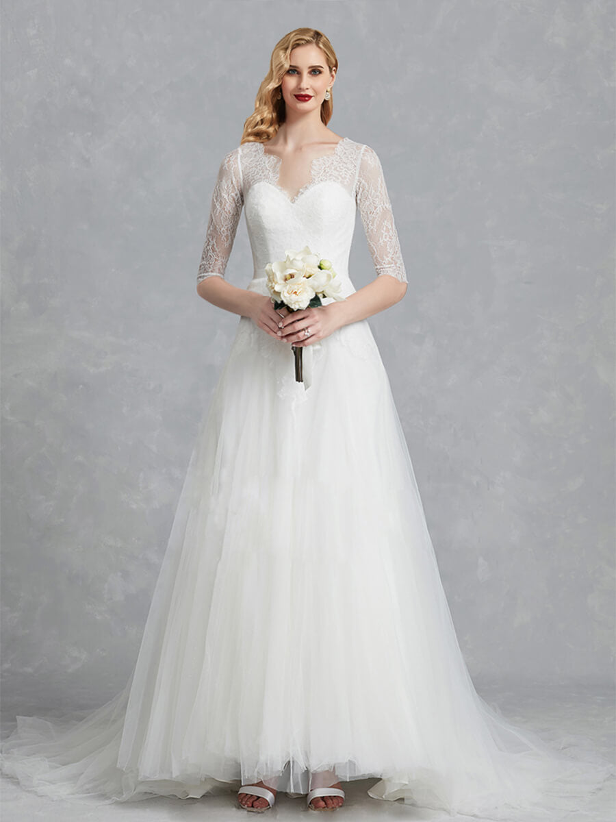 Elegant 1/2 Sleeve Illusion Sweetheart A-Line Floor Length Soft Lace Wedding Dress for Brides - Perfect for Church Ceremonies, Beach Weddings & Romantic Vows