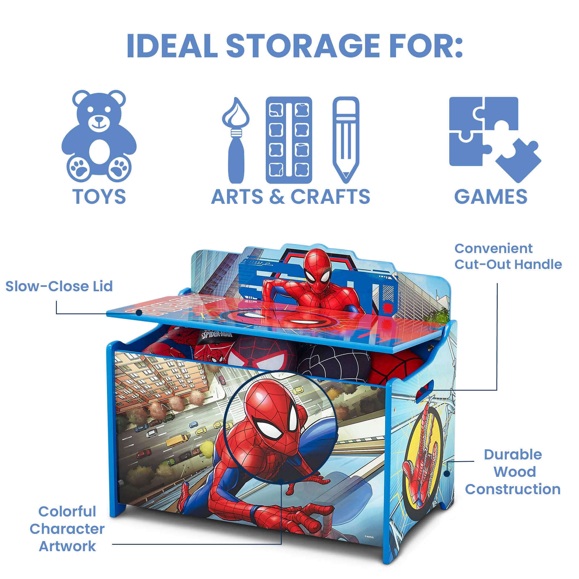 Delta Children Deluxe Toy Box with Spider-Man Design - Kids Storage Organizer for Toys, Books & Clothes | Perfect for Bedroom, Playroom & Nursery Organization