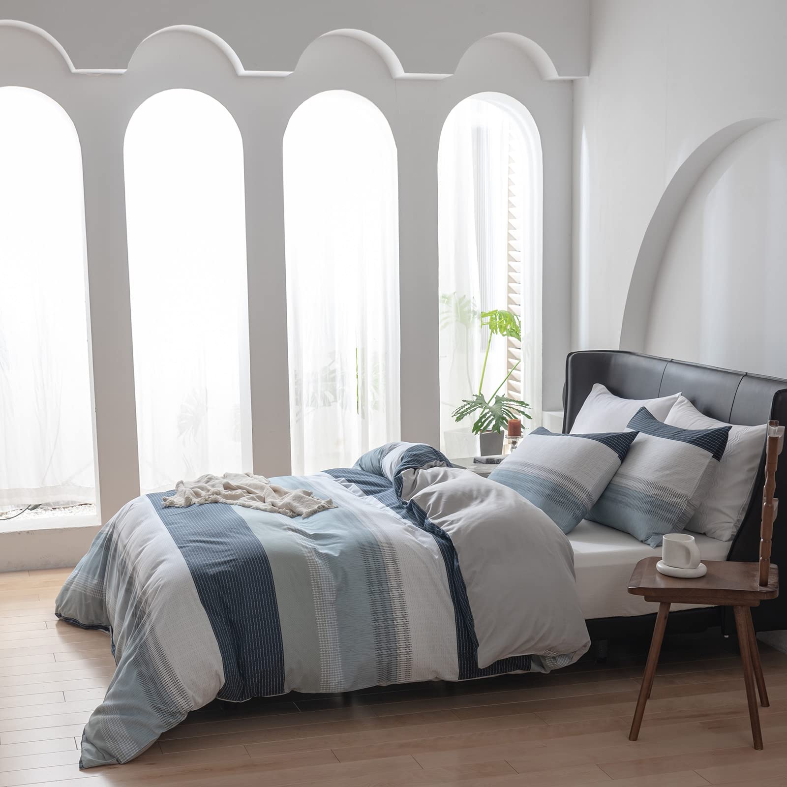 EAVD 100% Cotton Twin Duvet Cover Set - White Gray Blue Striped Modern Geometric Bedding for Boys & Girls | Soft Breathable Comforter Cover with Zipper Closure | Perfect for Kids' Rooms, Guest Bedrooms & Dorm Decor