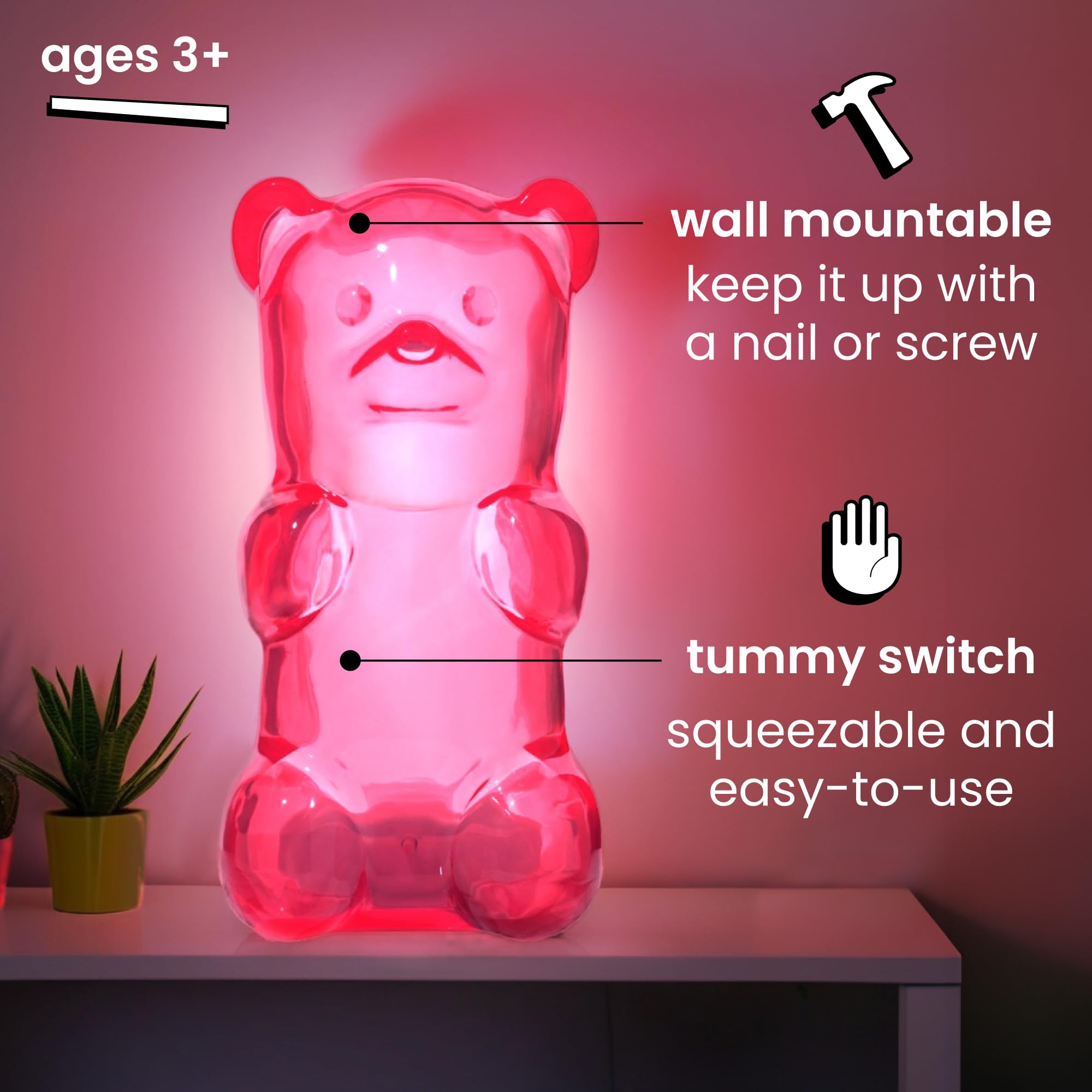 Rechargeable Squeezable Gummy Bear Night Light - Portable Squishy Lamp with 60-Min Sleep Timer | Perfect for Kids Room, Nursery, Dorm Decor & Christmas Gifts (Pink) - Ideal for Bedtime, Relaxation & Nighttime Comfort