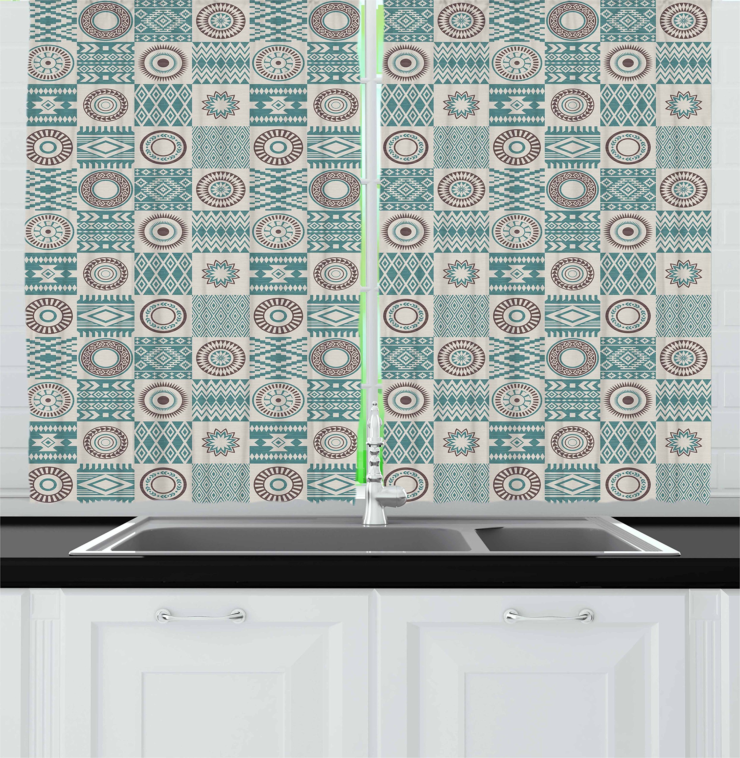 Ambesonne Checkered Afghan Kitchen Curtains with Rhombus, Circle & Stripe Motifs - 2 Panel Window Drapes for Kitchen & Cafe Decor (55