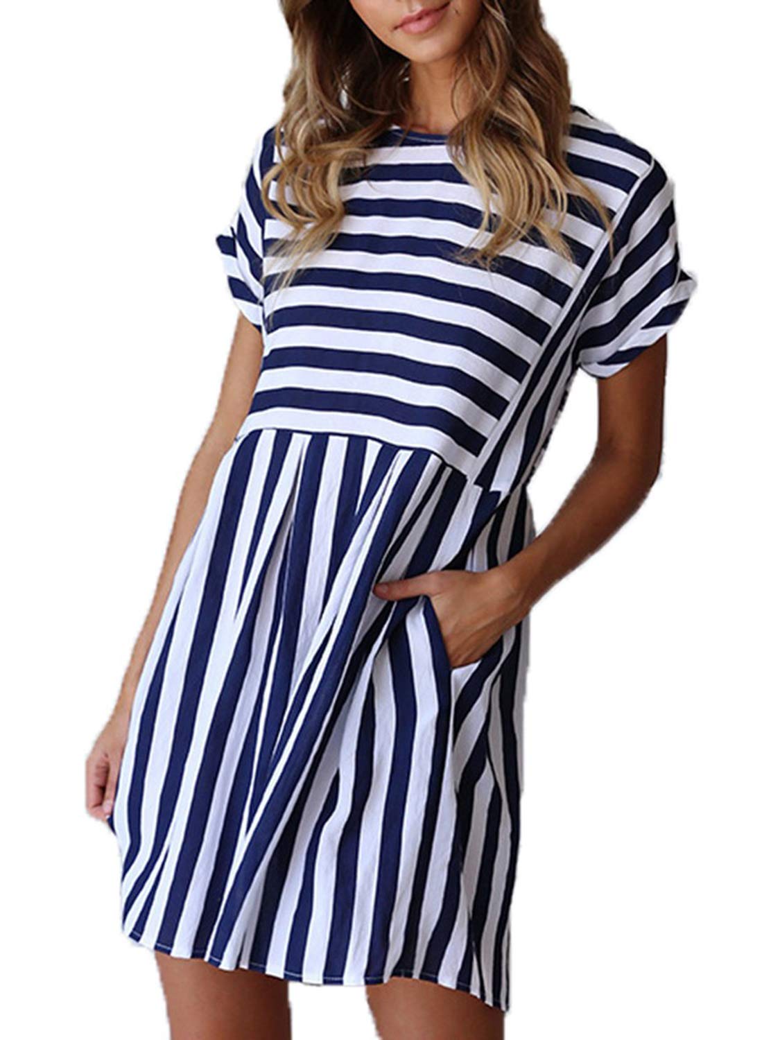 Naggoo Women's Summer Striped Short Sleeve T-Shirt Dress - Casual Swing A-Line Dress with Pockets for Beach, Vacation & Everyday Wear