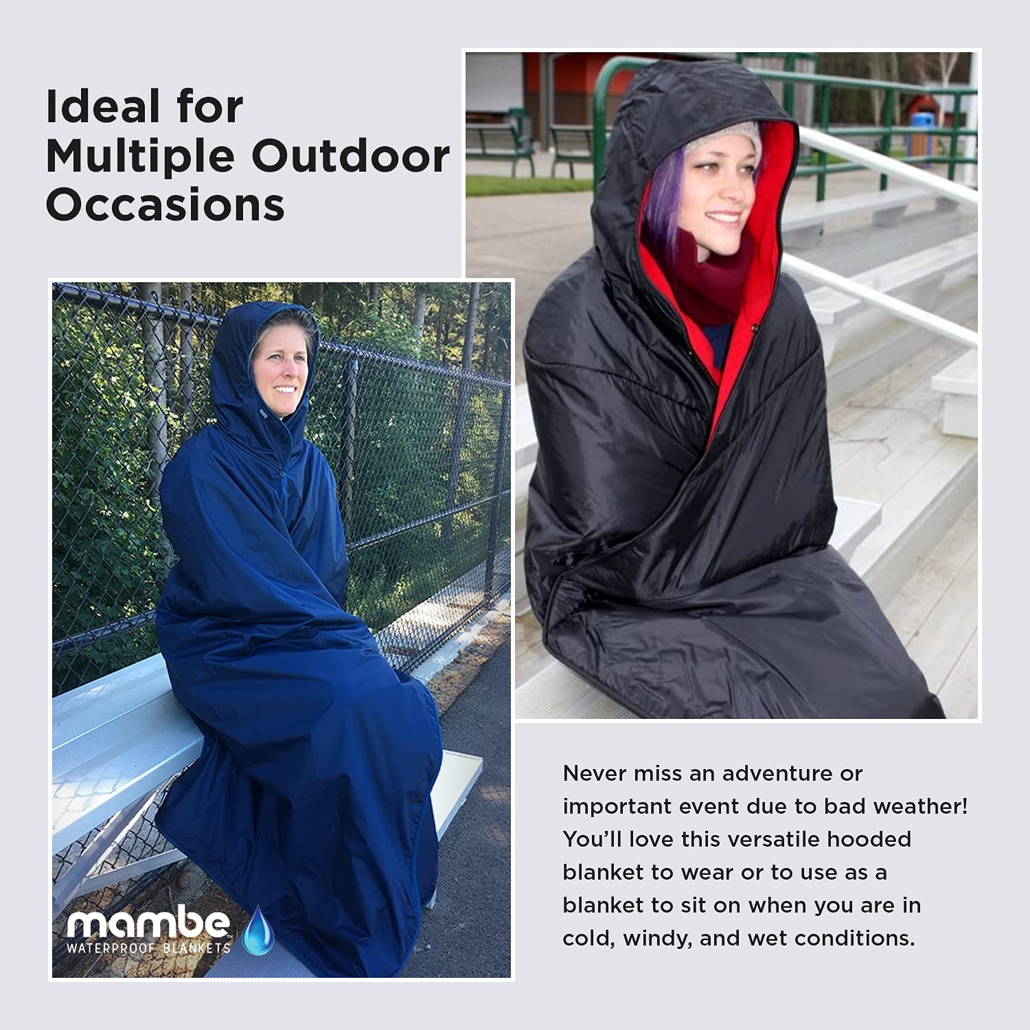 Mambe Large Extreme Weather Hooded Blanket - 100% Waterproof Windproof Fleece Blanket with Premium Storage Sack - Perfect for Outdoor Sports, Camping, Hiking & Stadium Events - Machine Washable Cozy Winter Blanket