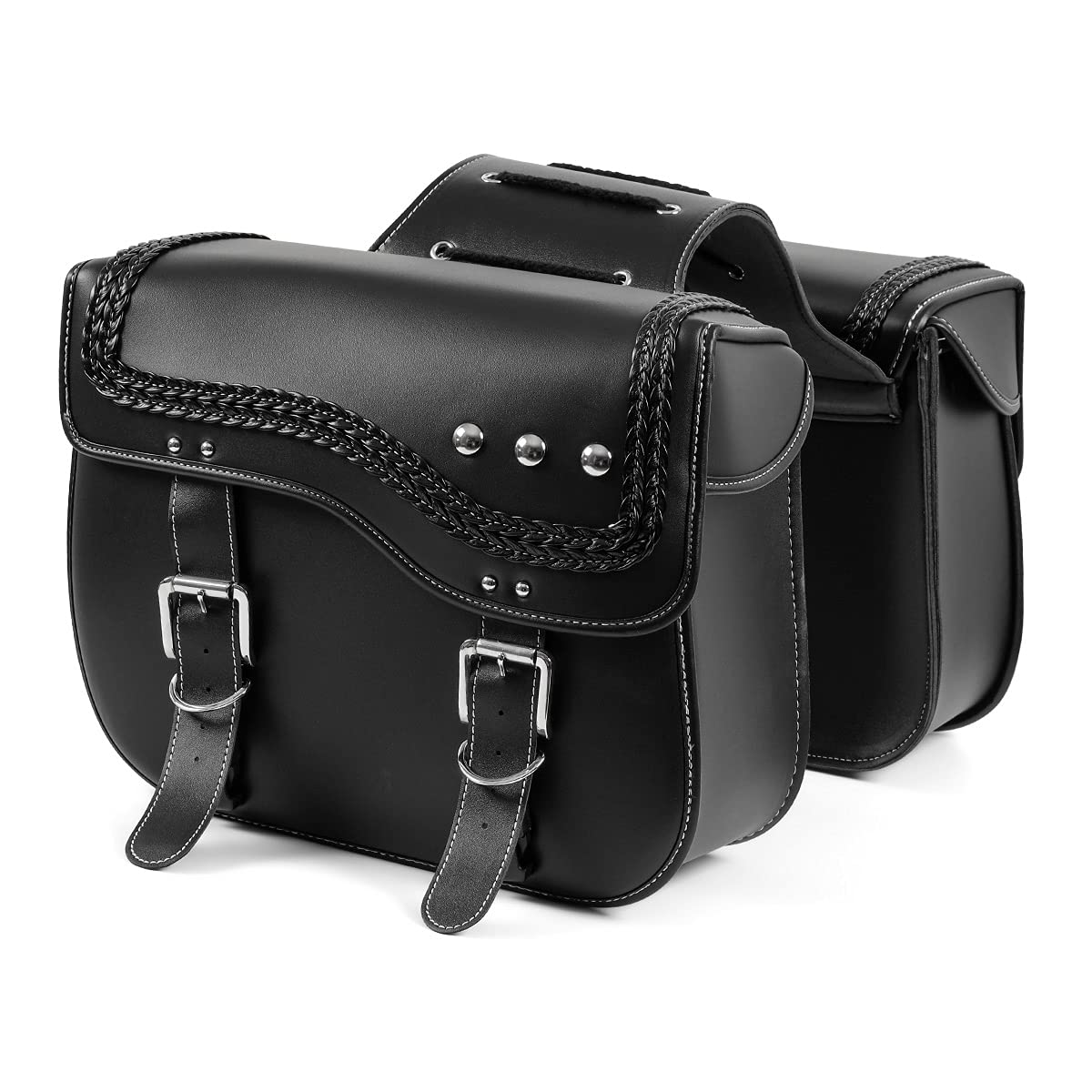 Premium Synthetic Leather Motorcycle Saddlebags - Universal Waterproof Side Bags for Harley Sportster, Vulcan, Shadow, Softail, Dyna & V-Star - Durable Storage Tool Bag (Black, Style A) - Perfect for Long Rides, Road Trips & Daily Commuting