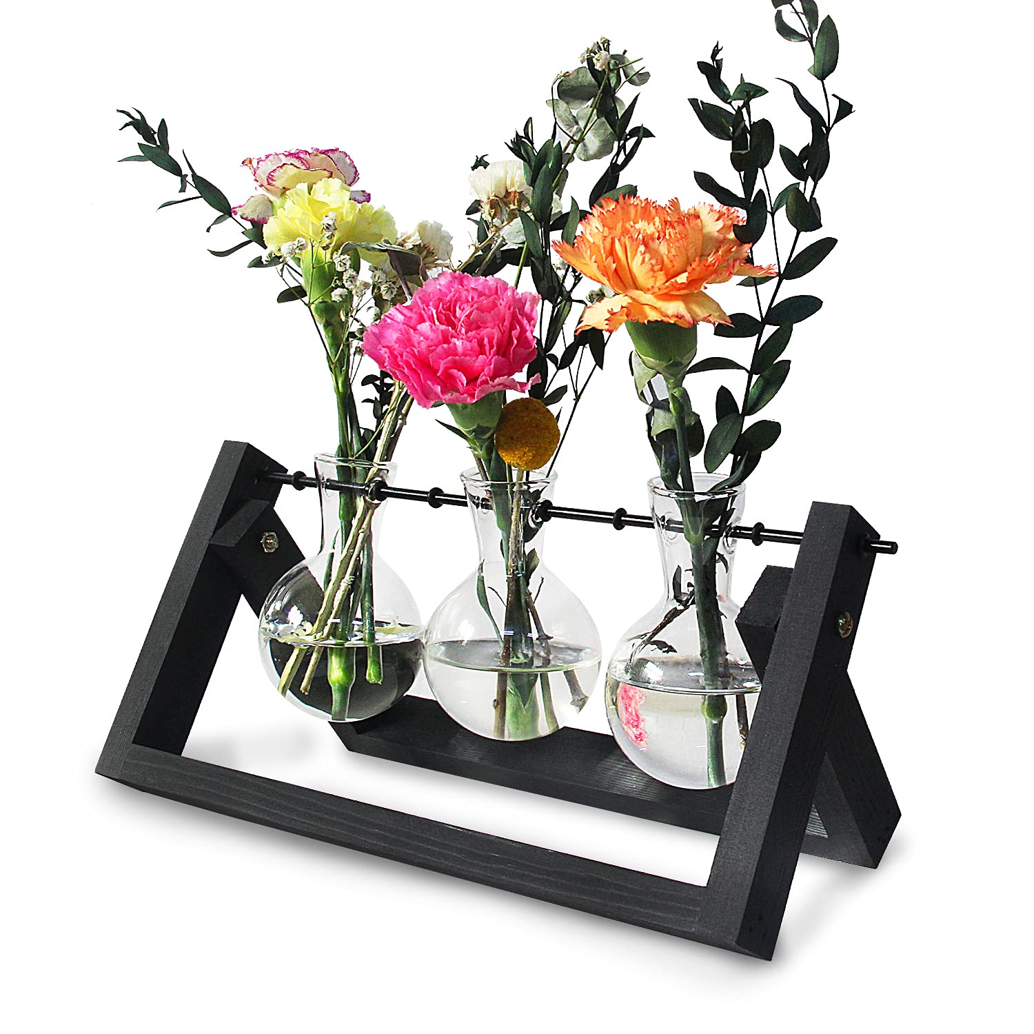 Glass Terrarium Planter with Wooden Stand - 3 Bulb Vase Set for Succulents, Air Plants & Herbs | Retro Desktop Planter with Metal Swivel Holder | Elegant Propagation Station for Home, Office & Garden Decor (Black) - Perfect for Windowsills, Desktops and Gift Giving