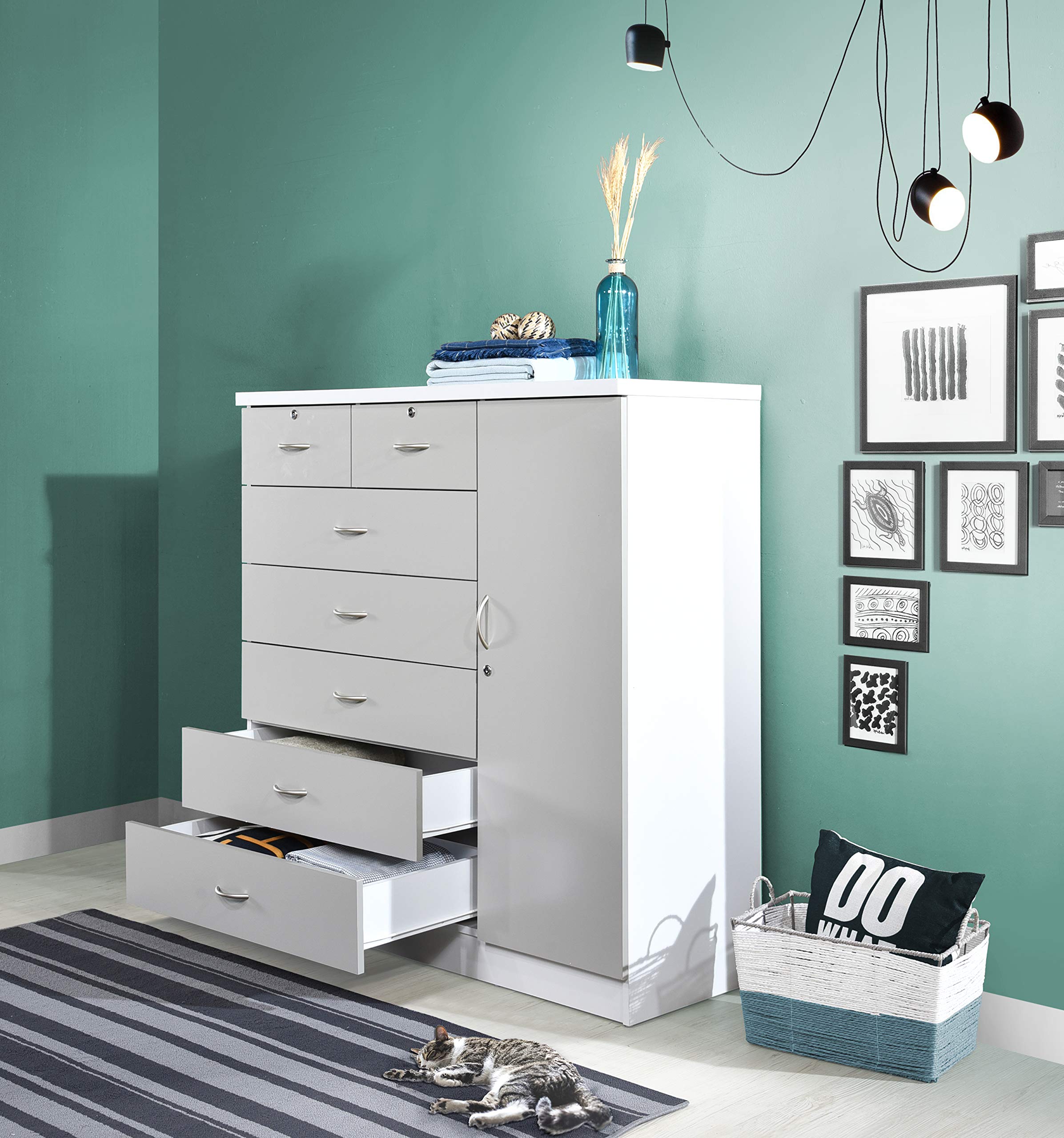 Hodedah 7-Drawer Jumbo Chest Dresser with 5 Large Drawers, 2 Small Lockable Drawers, Hanging Rod & 3 Shelves - Grey-White Finish | Perfect for Bedroom Storage, Closet Organization & Small Space Living