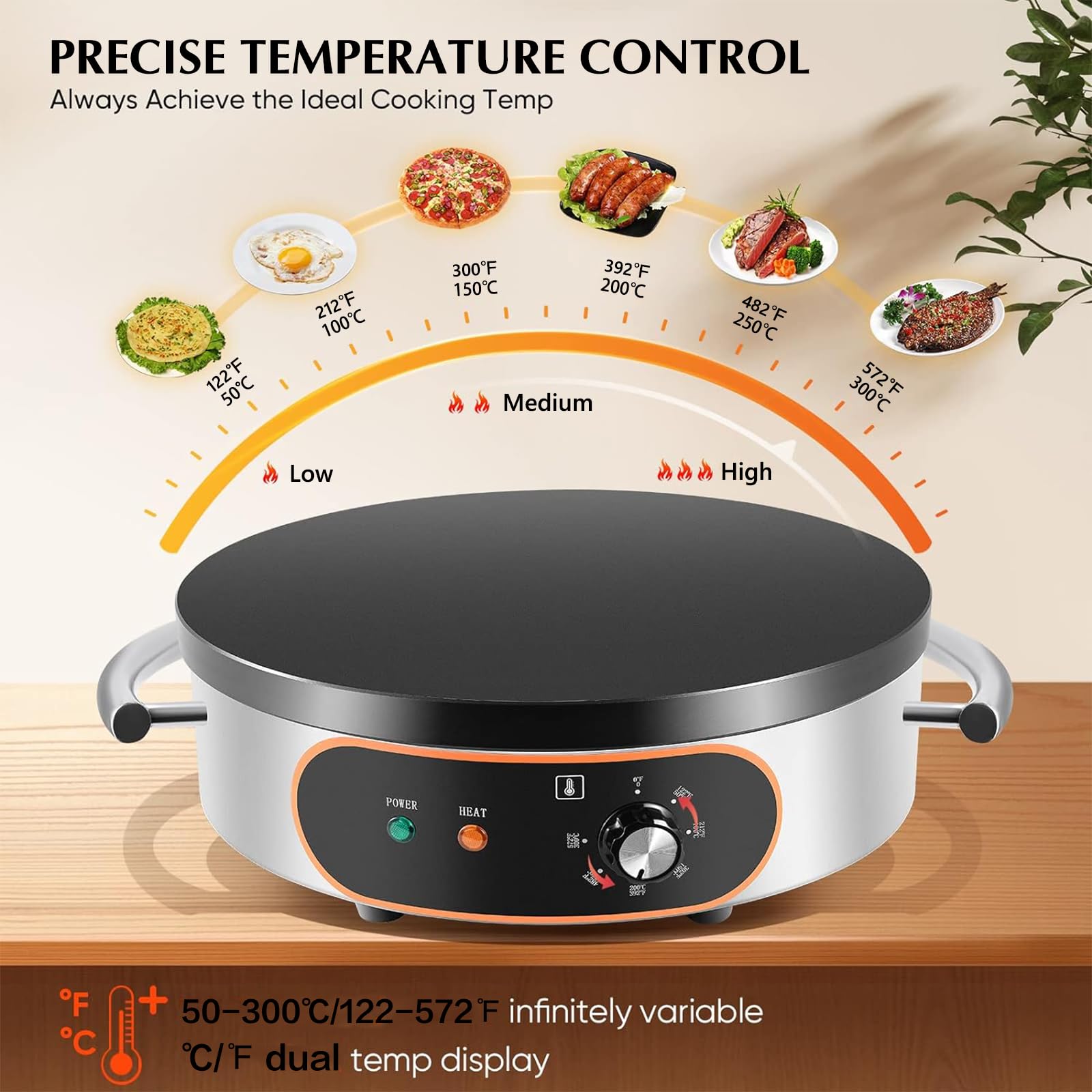 Commercial Crepe Maker Machine - 16 Inch Non-Stick Electric Crepe Griddle with Adjustable Temperature Control, 1500W Power & Thickened Cast Iron Cooking Plate - Perfect for Pancakes, Crepes, Tortillas in Restaurants, Cafes and Home Breakfast Cooking