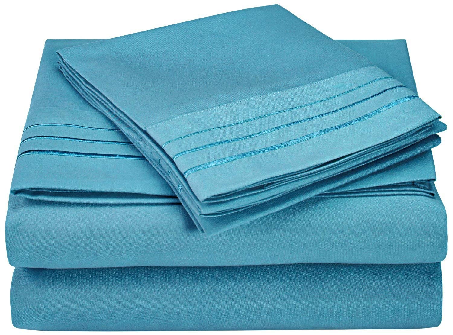 GoLinens 3-Line Embroidered Queen Size Bed Sheet Set - Ultra Soft, Wrinkle-Free, Breathable Aqua Blue Luxury Bedding for Master Bedroom & Guest Room
