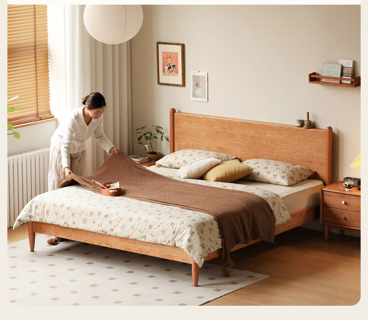 Solid Oak, Black Walnut & Cherry Wood Bed Frame - Handcrafted Queen Size Wooden Bed with Sturdy Slat Support - Perfect for Master Bedroom, Guest Room or Rustic Cabin Decor
