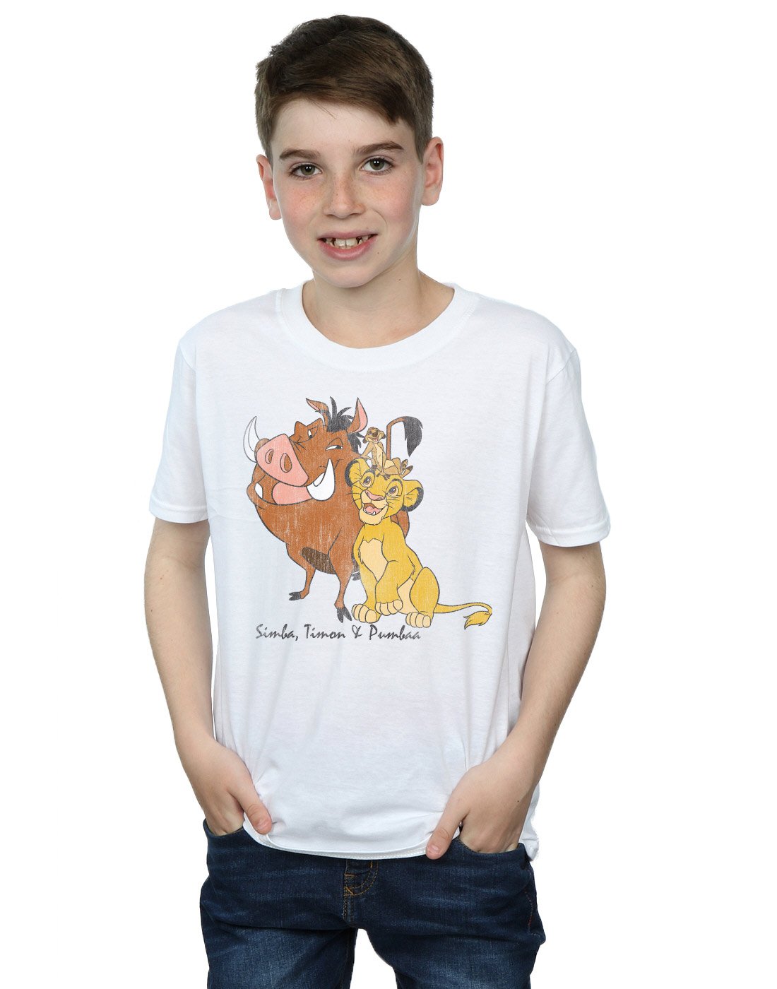 Disney The Lion King Classic Simba Timon Pumbaa Boys T-Shirt for Kids 7-8 Years - White Cotton Tee for Birthday Gifts, Movie Fans & Casual Wear