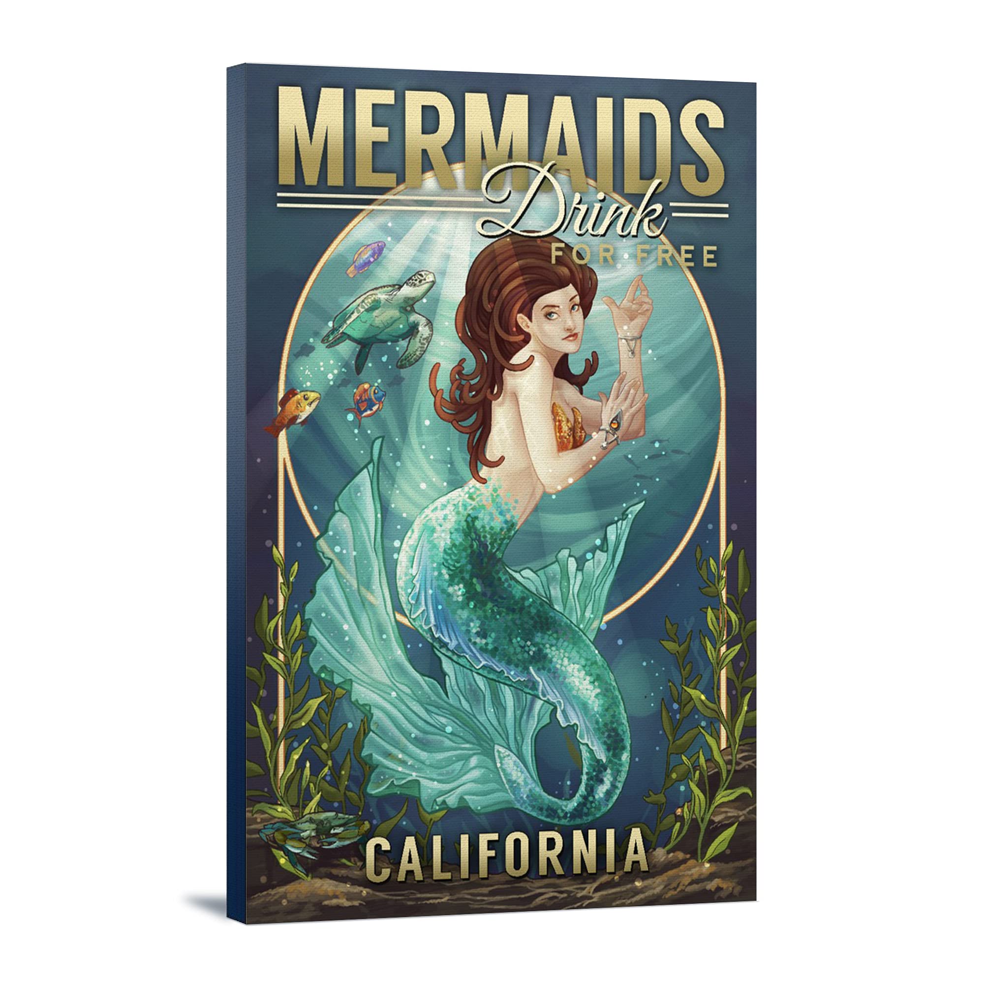 California Mermaids Drink for Free - 24x36 Gallery Wrapped Canvas Art Print - Beach House Decor, Coastal Wall Art for Living Room & Bedroom