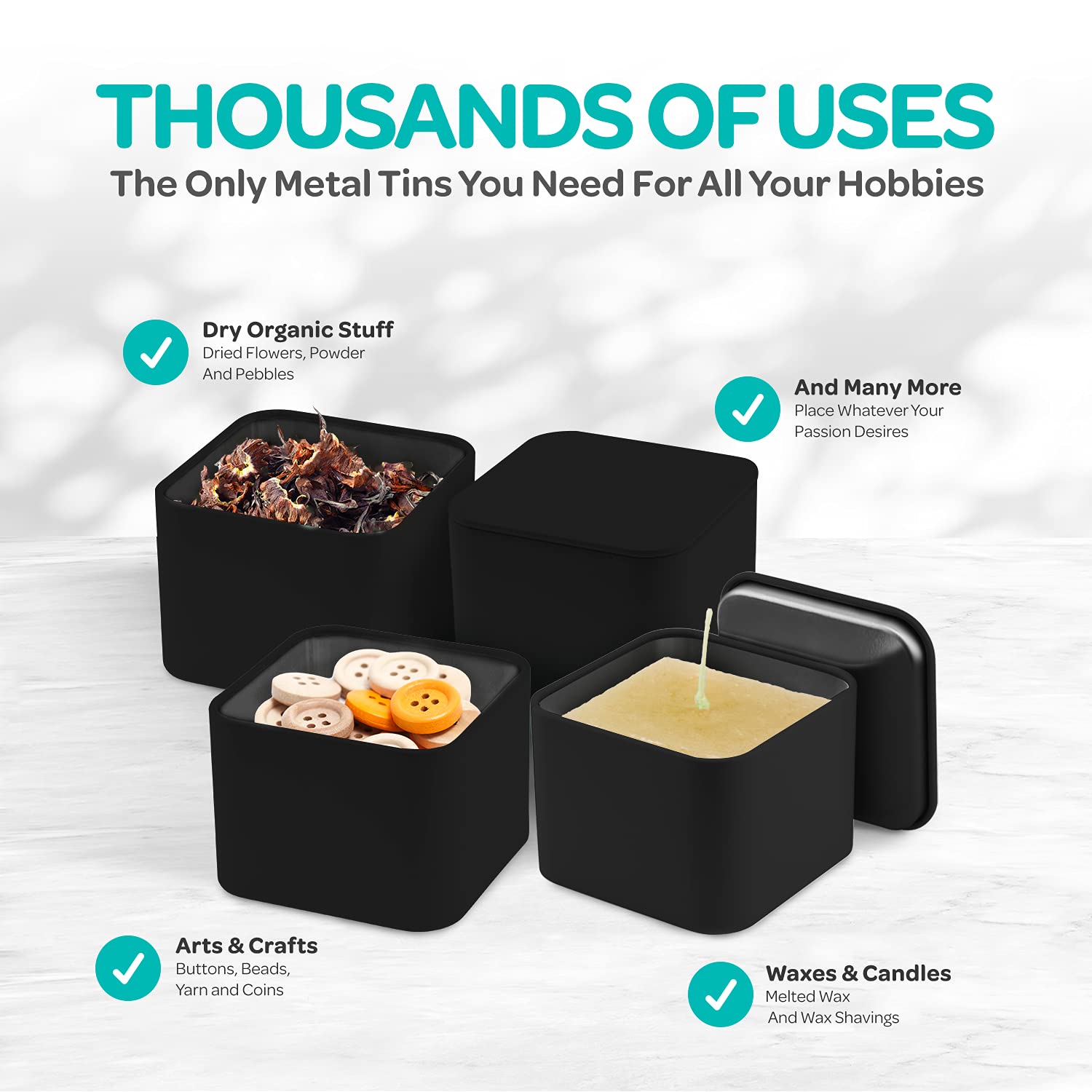 Hearts & Crafts 8 oz Matte Black Square Metal Candle Tins with Lids - Pack of 24 - Heat Resistant, Non-Rusting Empty Candle Jars for DIY Candle Making, Home Decor, Wedding Favors, Gift Packaging & Storage - Perfect for Aromatherapy, Party Decorations & Craft Projects