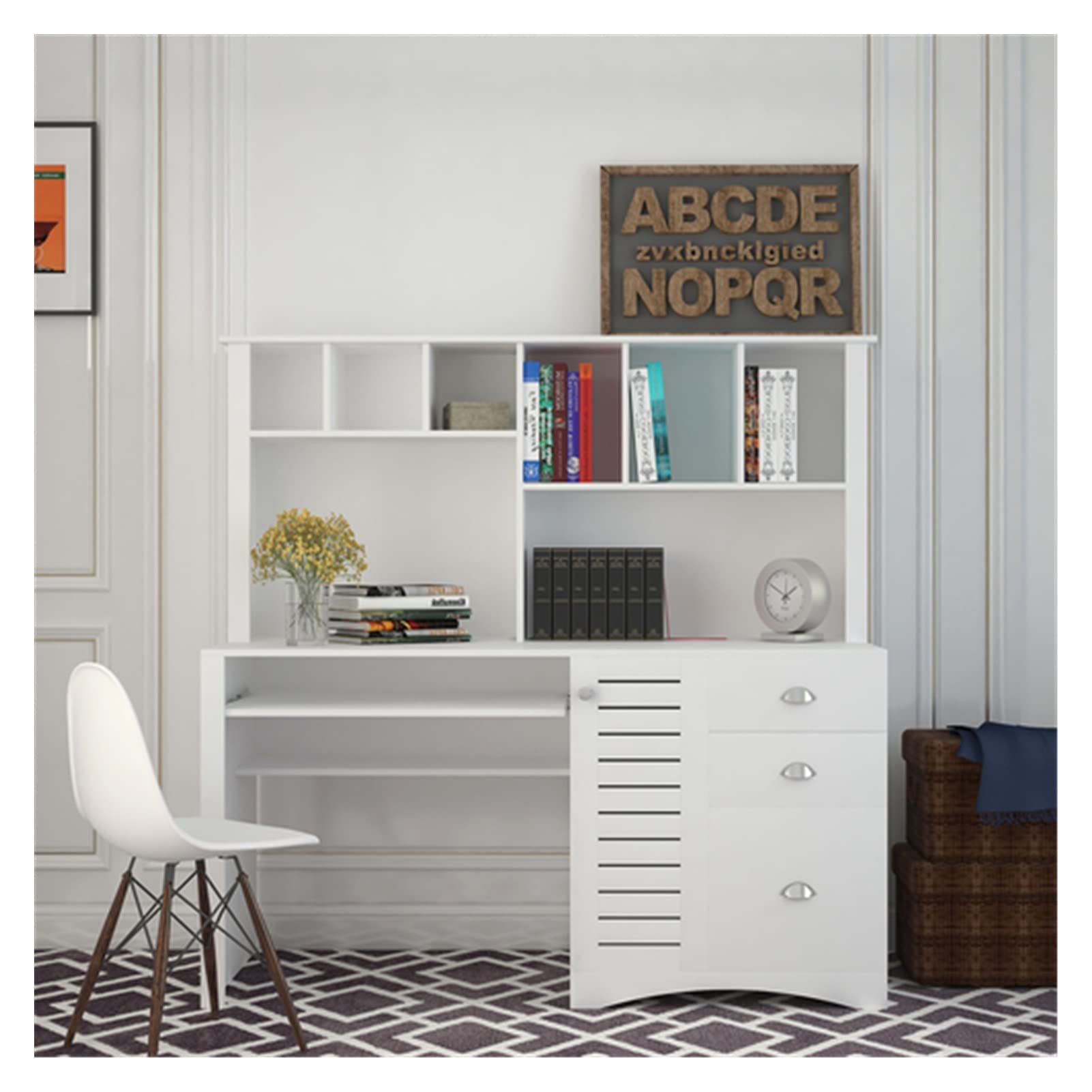 Antiqued White Large Office Desk with Hutch - Spacious Home Office Computer Desk for Work & Study | Perfect for Remote Work, Gaming & Crafting