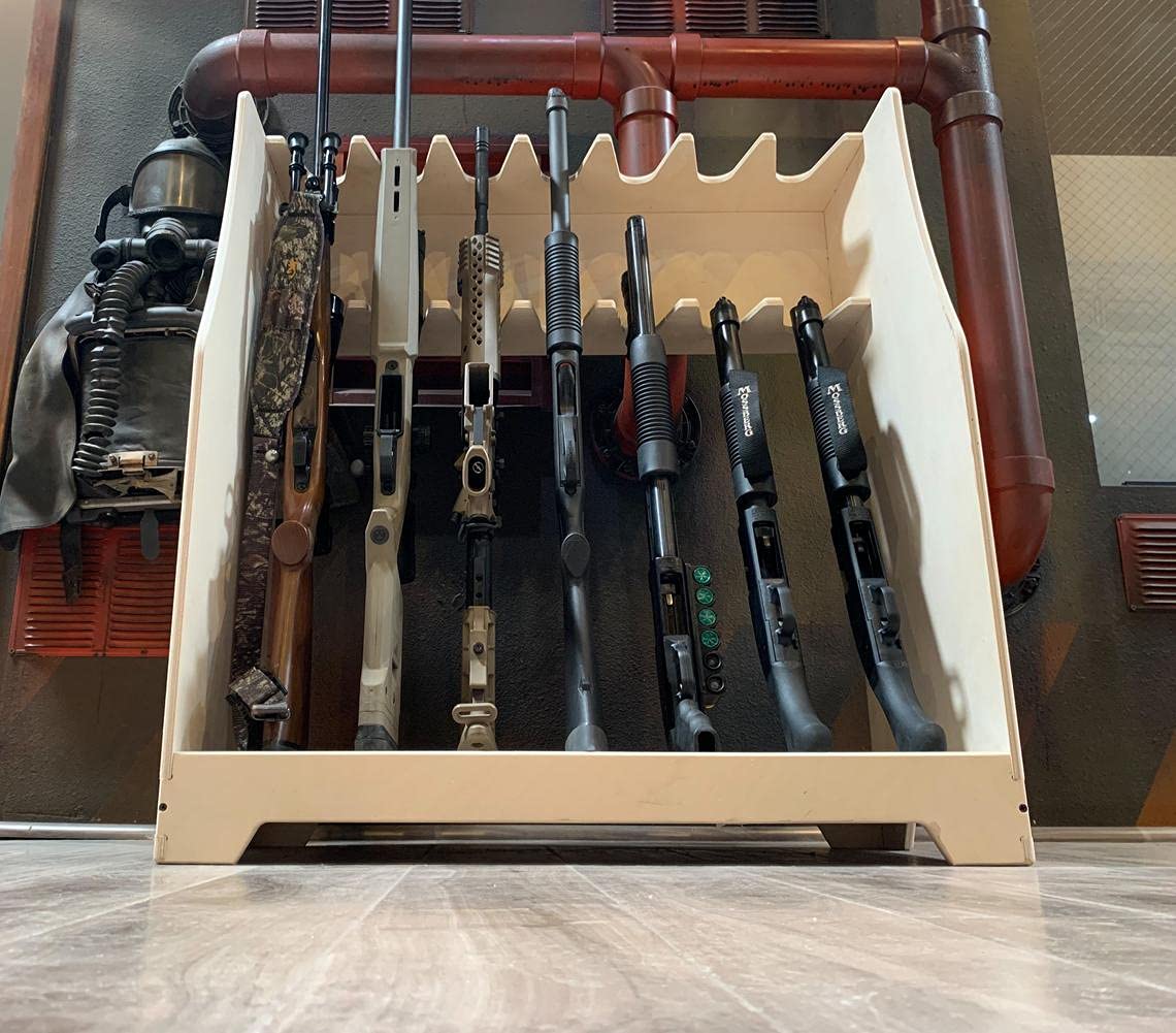 Factory Crafts | 7-Slot Rifle Rack Display Stand - Free Standing Gun Storage Holder | Solid Wood USA Made | Perfect for Gun Cabinets, Hunting Gear & Firearm Organization