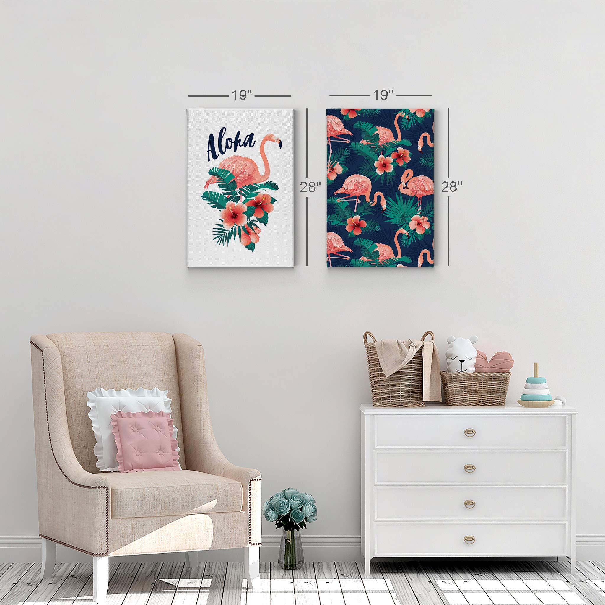 Aloha Flamingo Canvas Wall Art Set - 2 Panel Tropical Flamingo Prints for Kids Room, Nursery & Baby Room Decor - Ready to Hang Made in USA (28x19 Inches Each) - Perfect for Beach Themed Bedrooms & Hawaiian Style Home Decor