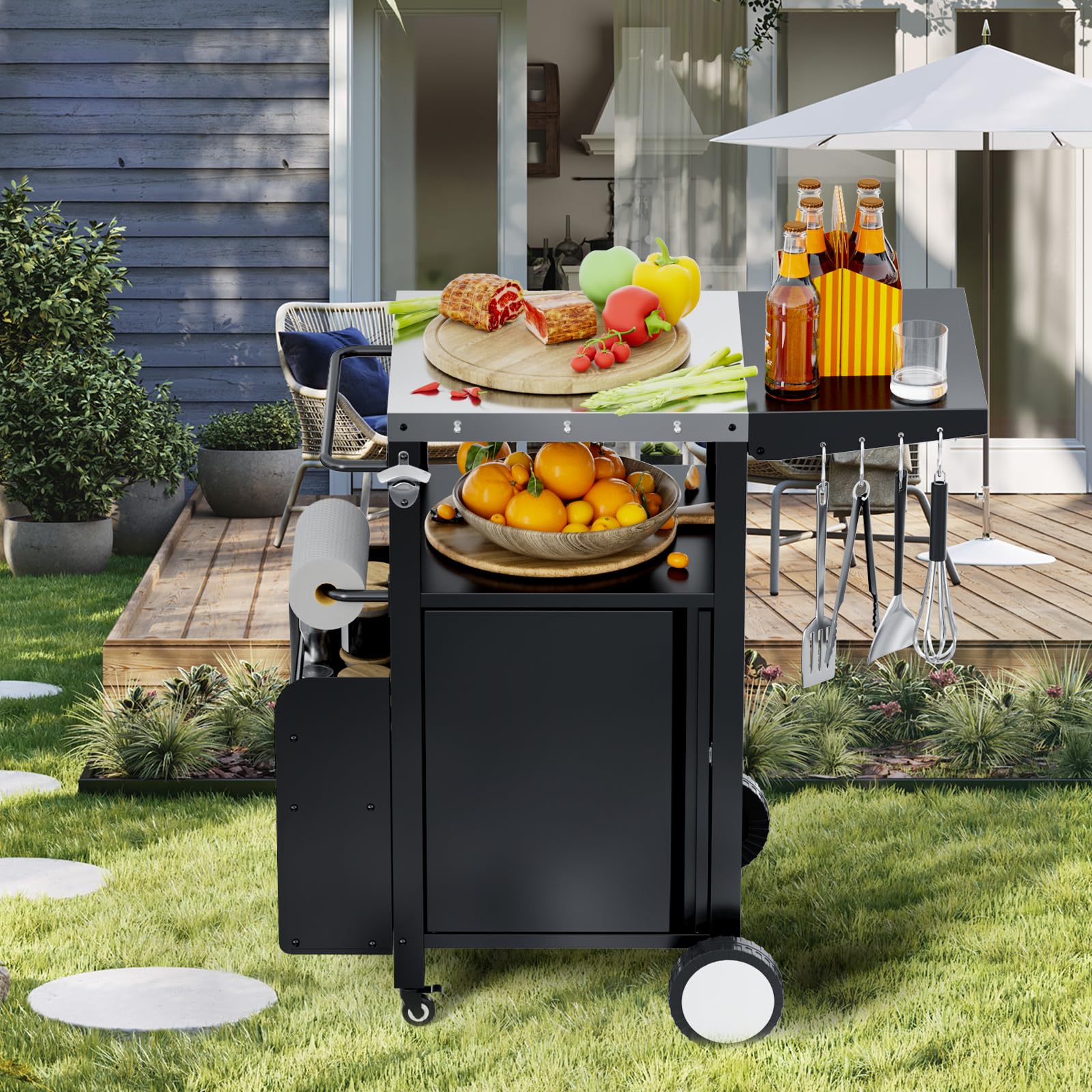 Portable Outdoor Grill Cart with Storage - Modular BBQ Island with Wheels, Waterproof Patio Kitchen Cabinet with Hooks & Spice Rack - Perfect for Backyard Cooking, Camping, and Tailgating Parties