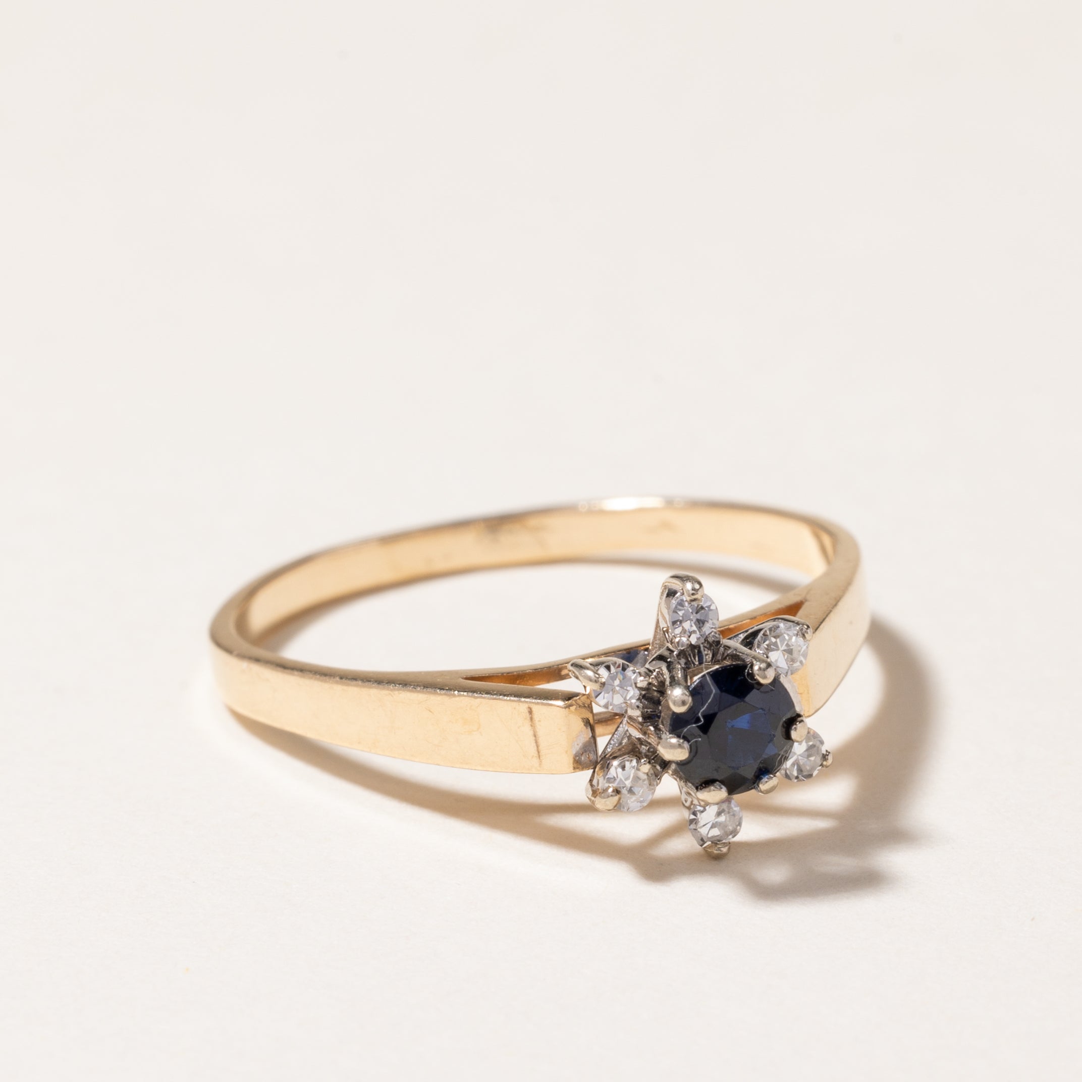 14K Blue Sapphire & Diamond Petal Ring - 0.24ct Sapphire & 0.08ctw Diamonds - Size 8.5 - Elegant Wedding, Engagement & Anniversary Jewelry Gift for Her