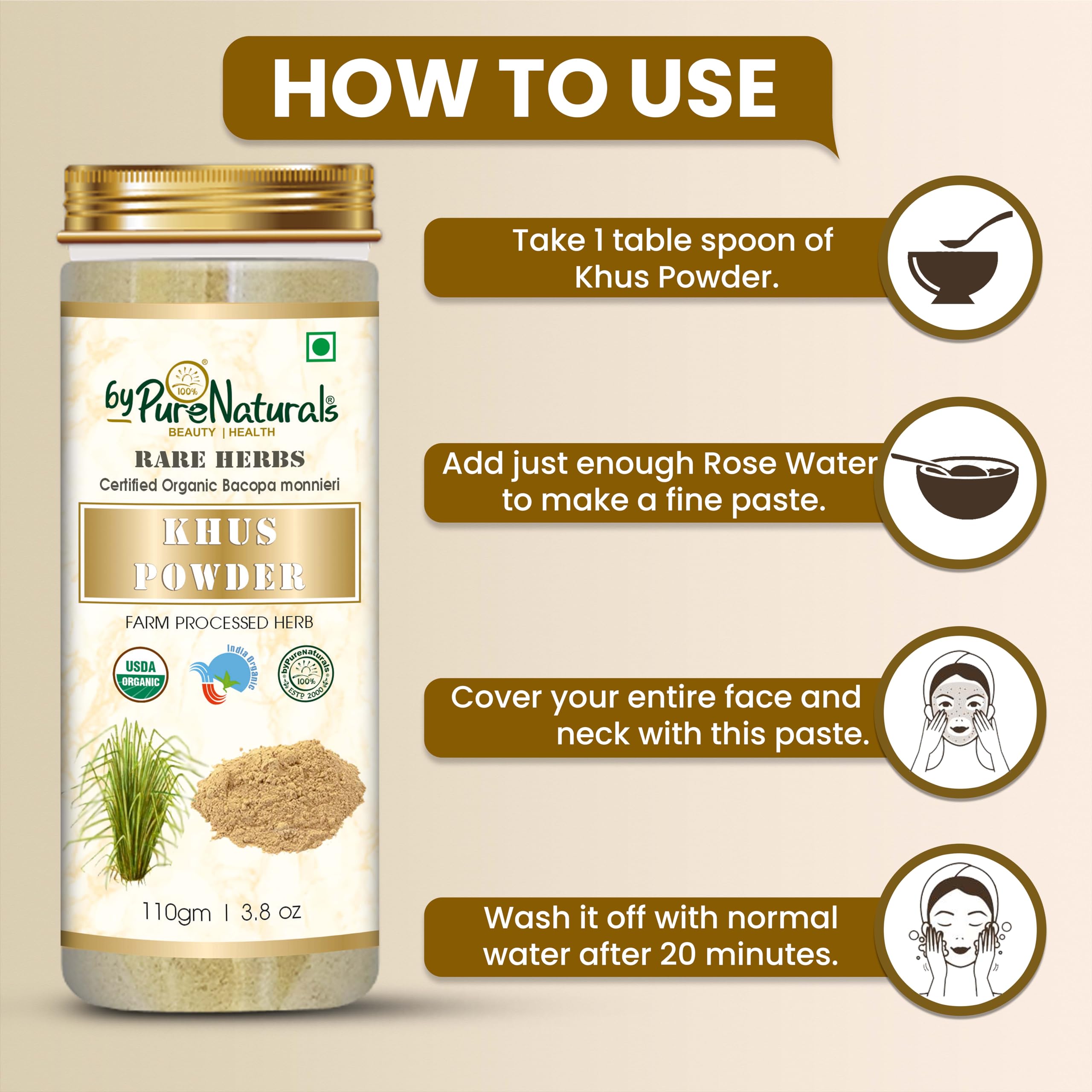 Organic Vetiver Root Powder (Khus Powder) 110gm – Natural Skin & Hair Care for All Skin Types | Face Mask, Hair Growth, Aromatherapy | Men & Women | Perfect for DIY Beauty, Spa & Relaxation at Home