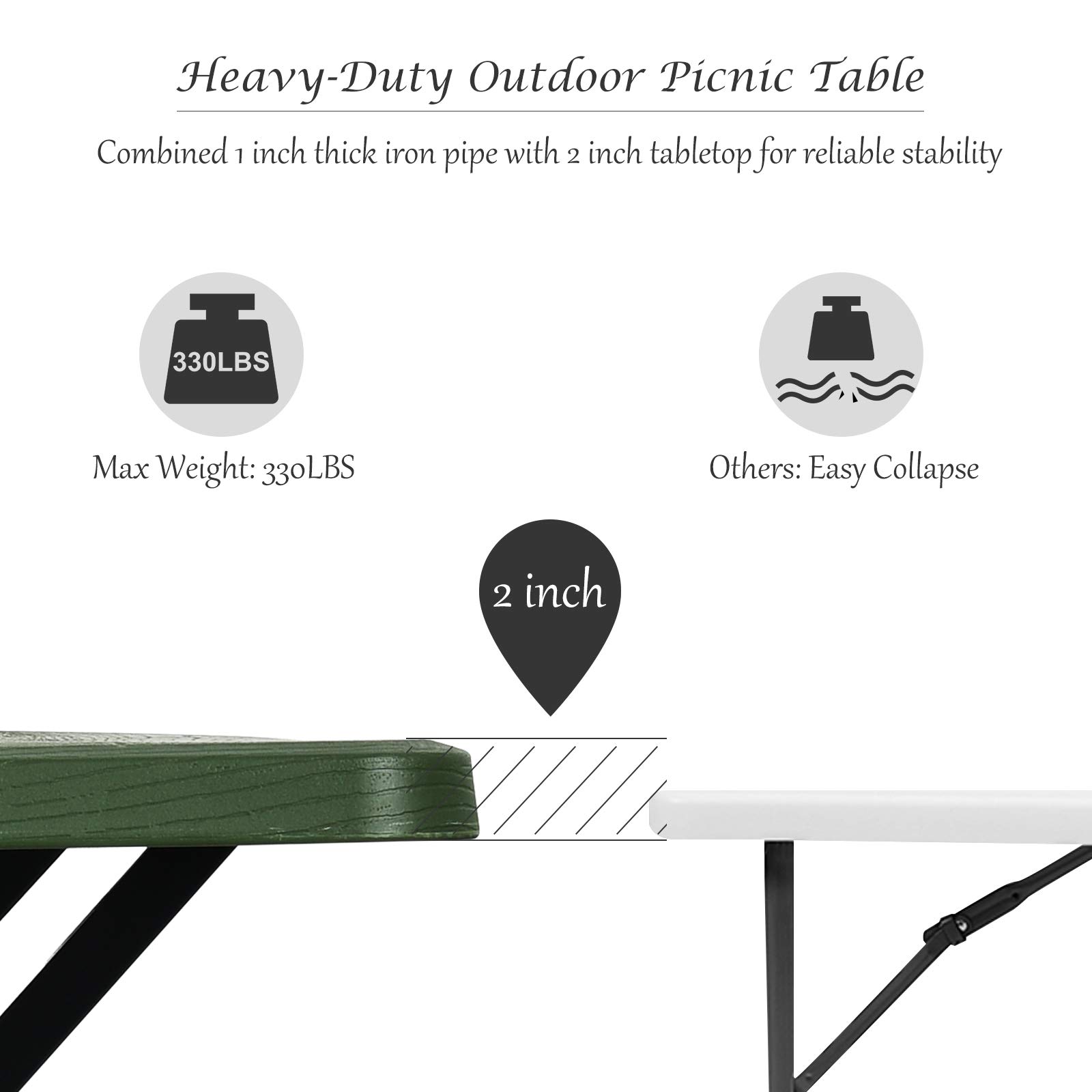 Giantex 7-Piece Outdoor Picnic Table Bench Set - All-Weather Metal Base for Camping, Backyard, Poolside, Garden, Patio, Deck - Durable & Spacious Green Dining Table for Parties, BBQs & Family Gatherings