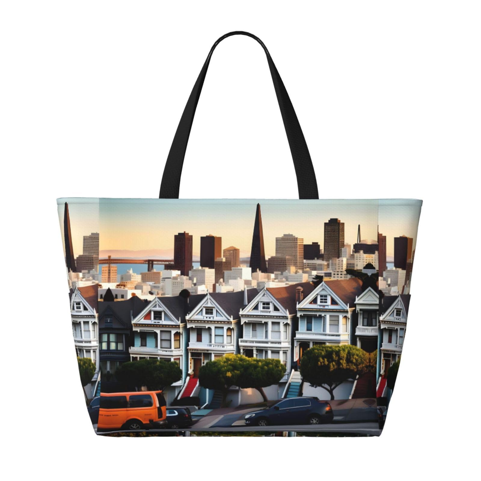 NOUZU San Francisco Print Beach Tote - Extra Large Travel Bag for Women (Black) - Beach & Vacation Essential