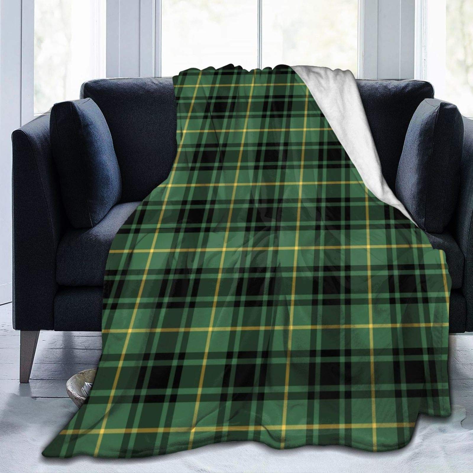 MacArthur Black and Green Scottish Tartan Fleece Blanket - Super Soft & Comfortable Throw (50