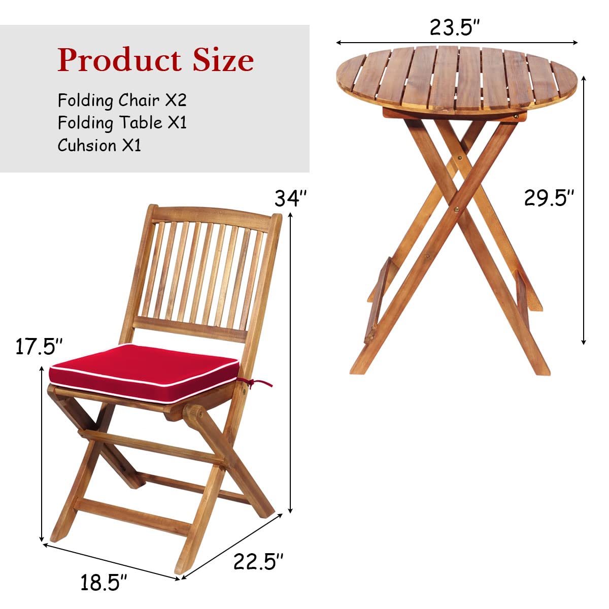 Tangkula 3-Piece Patio Folding Bistro Set - Acacia Wood Outdoor Dining Chairs with Padded Cushions & Round Coffee Table - Perfect for Garden, Poolside, Balcony, and Indoor Use (Red)