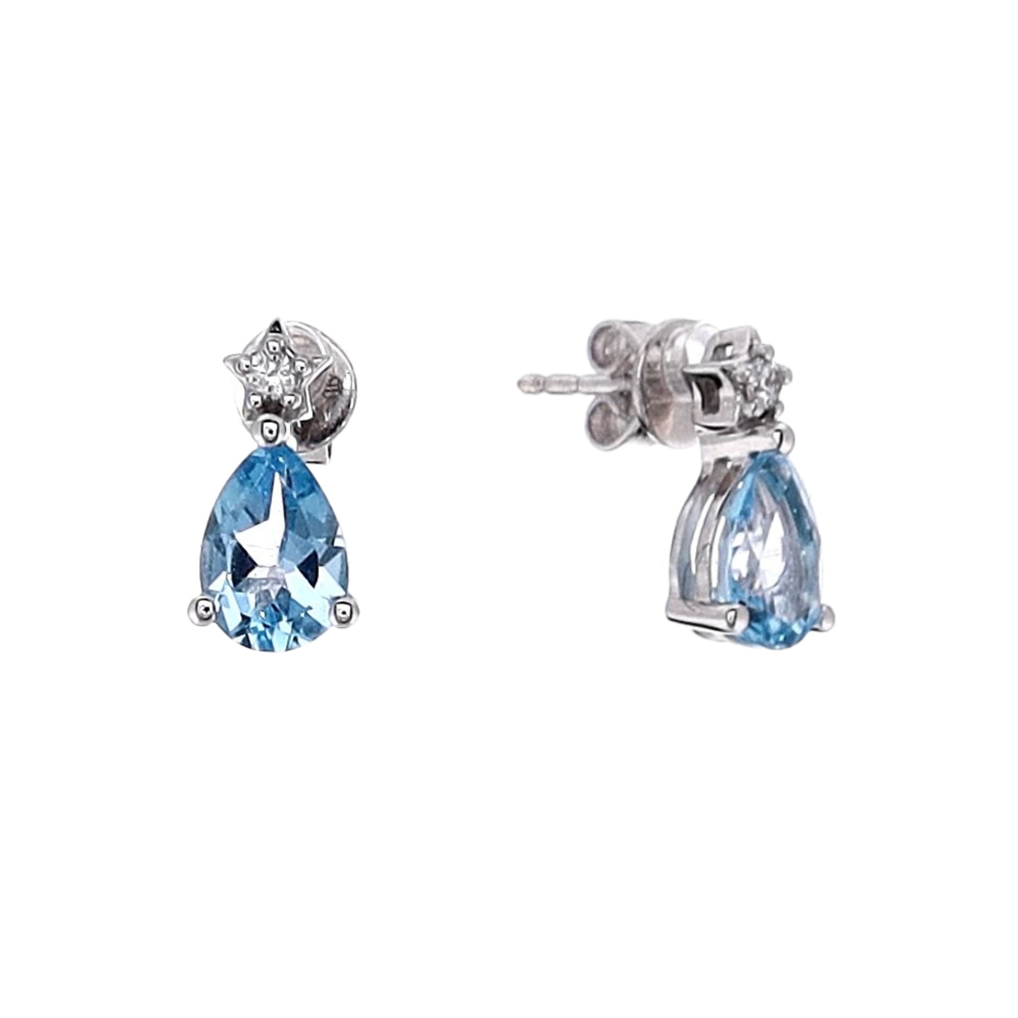 14K White Gold Pear Shaped Swiss Blue Topaz and Diamond Stud Earrings for Women - Elegant Jewelry Gift for Birthday, Anniversary & Special Occasions