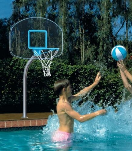 Dunn Rite DMB400 ClearHoop Jr Deck Anchored Pool Basketball Set - Portable Basketball Hoop for Inground Pools, Backyard Fun, Family Games & Outdoor Water Activities