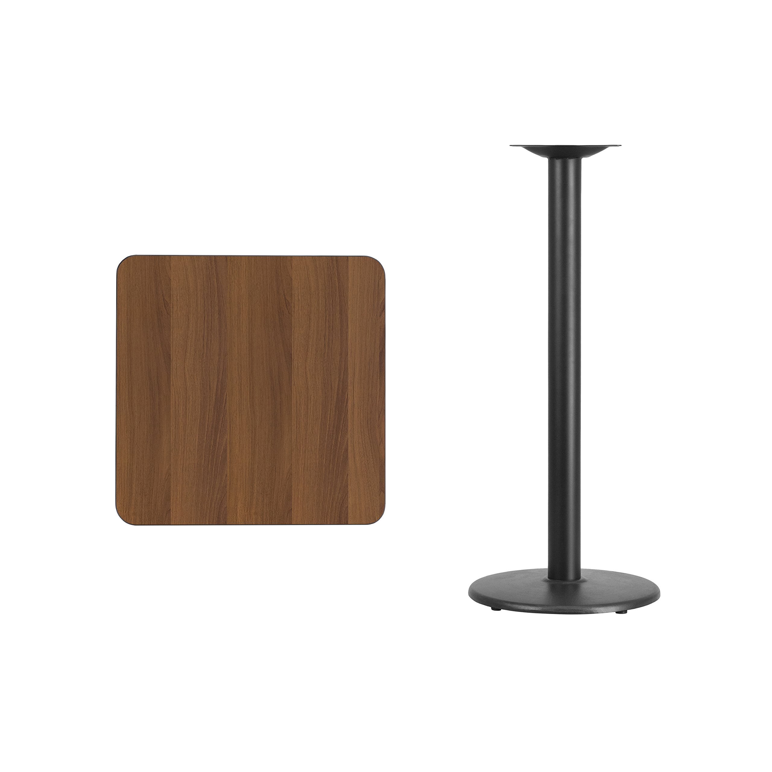 Flash Furniture 24'' Square Walnut Laminate Table Top with 18'' Round Bar Height Table Base - Perfect for Kitchen Islands, Breakfast Nooks & Small Space Dining
