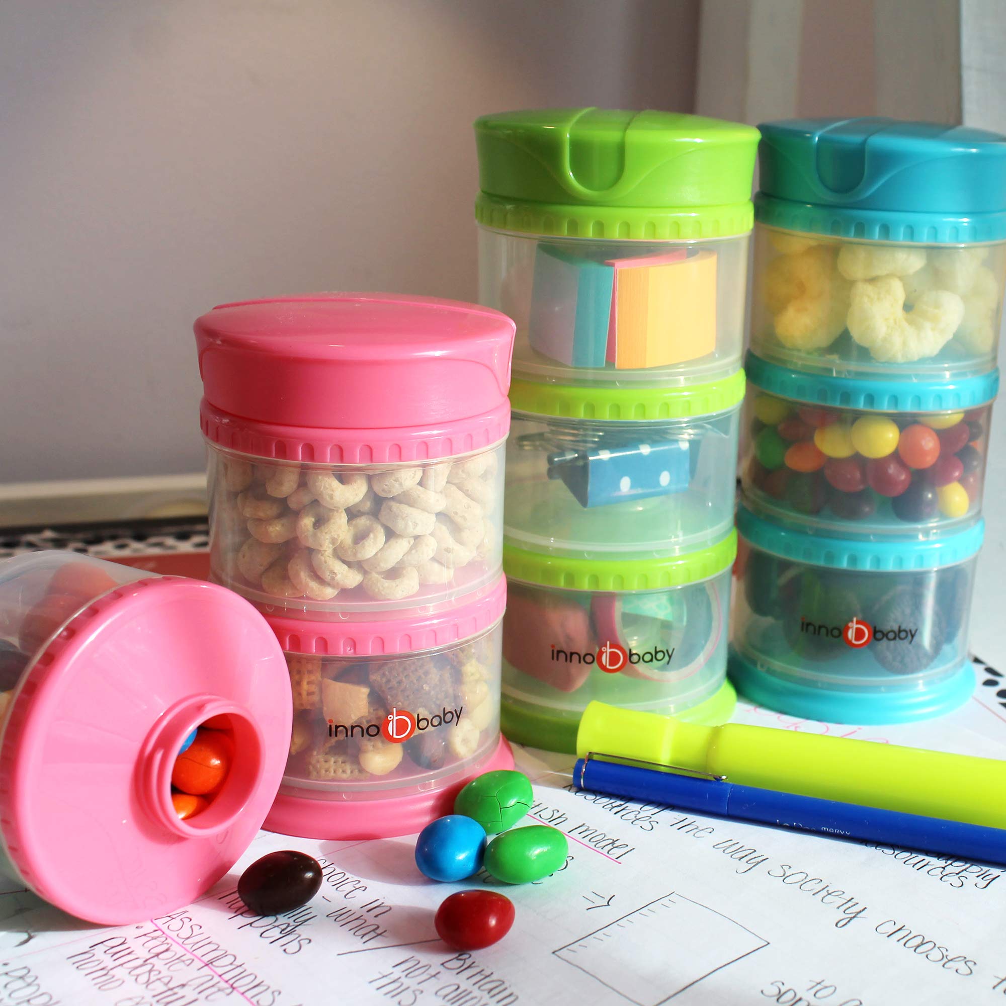 Innobaby Packin' Smart Stackable & Portable Storage System for Baby Formula, Liquids, Snacks – BPA-Free 12oz (3 Stackable Cups, Strawberry) | Perfect for Travel, Daycare & On-the-Go Feeding