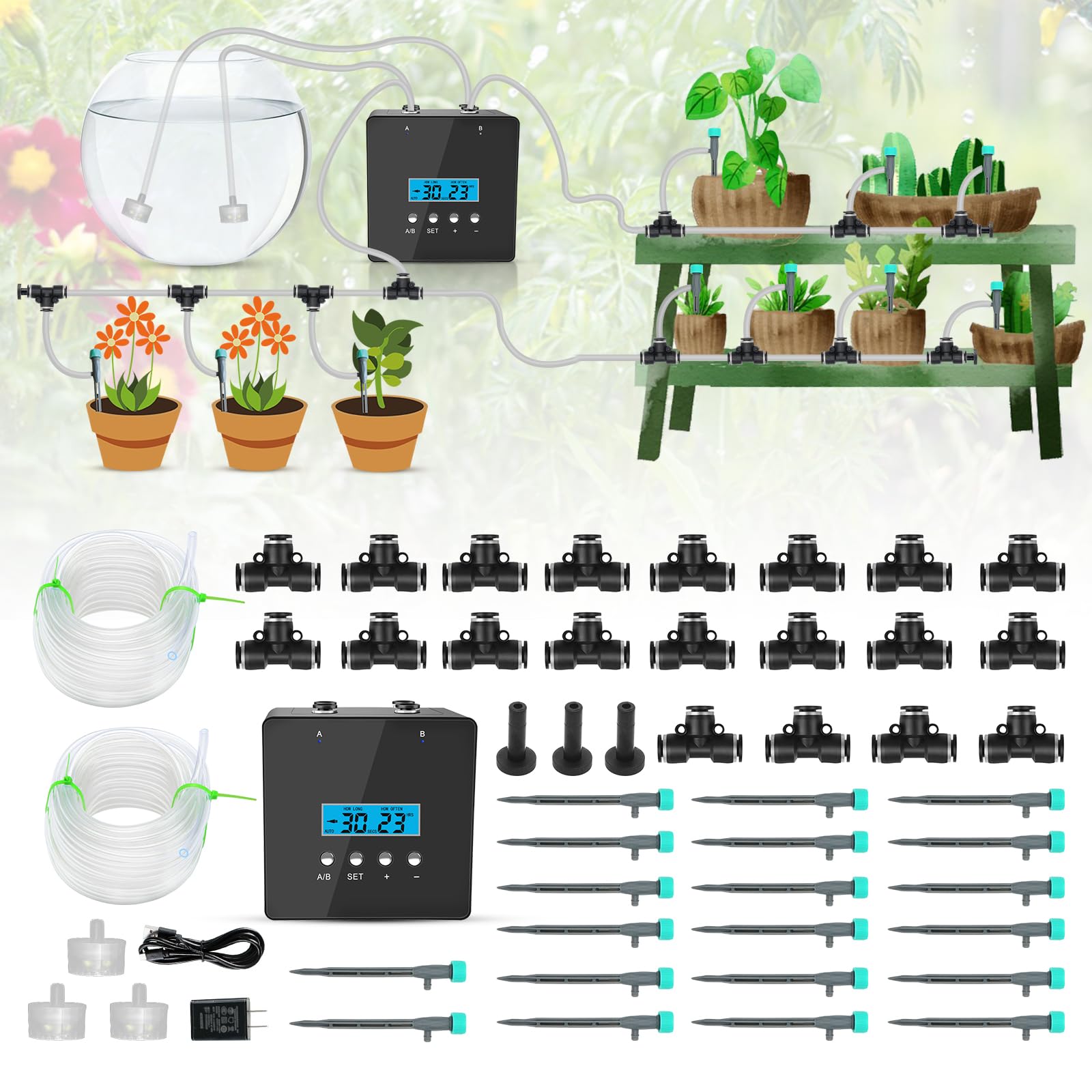 Automatic Indoor Plant Watering System with 2 Self-Priming Pumps, 20 Adjustable Drippers & Programmable Timer - Self Watering Kit for Houseplants, Garden, Vacation Care & Drip Irrigation
