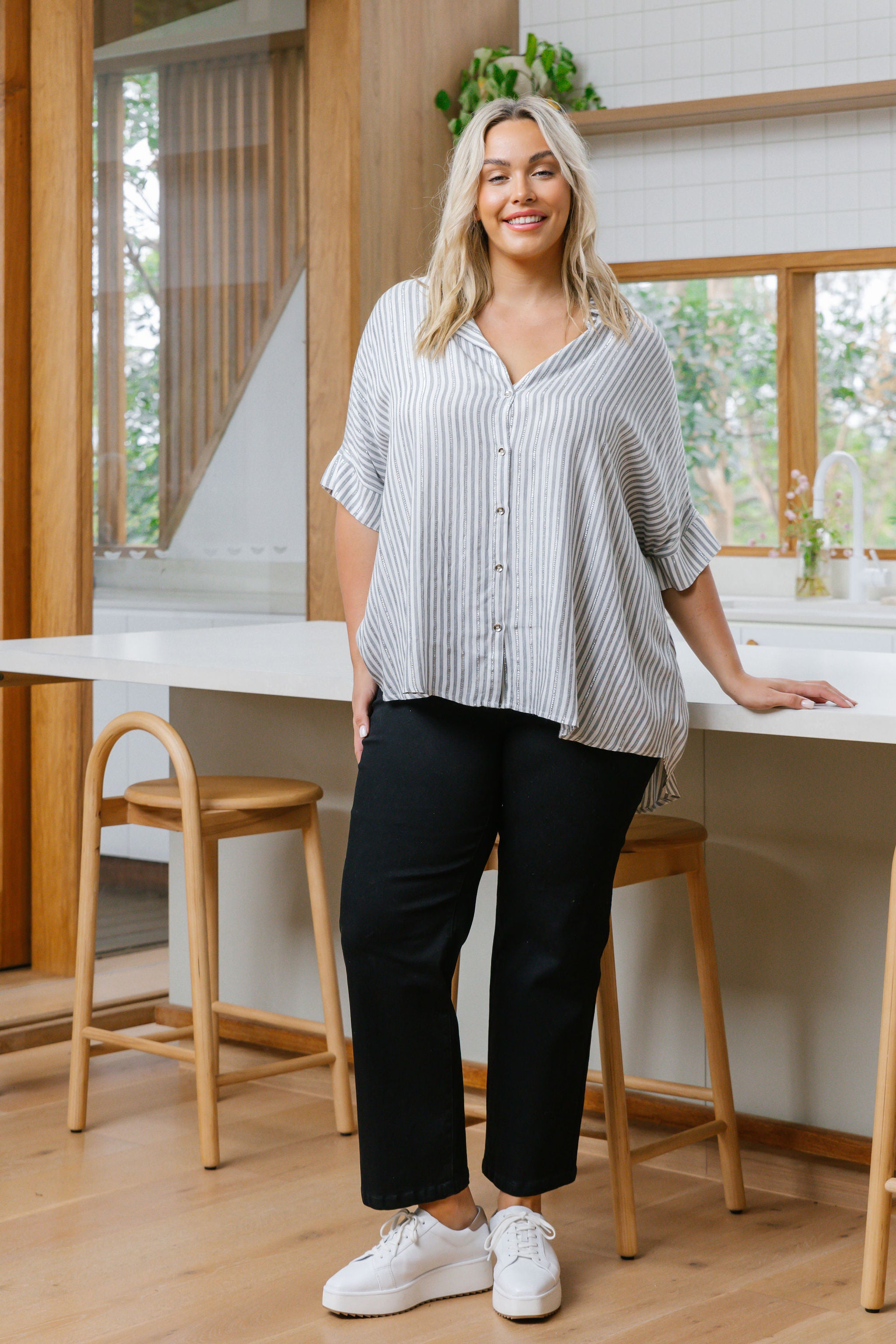 Tammin Women's White & Metallic Stripe Casual Shirt - Perfect for Office Wear, Date Nights & Everyday Outfits