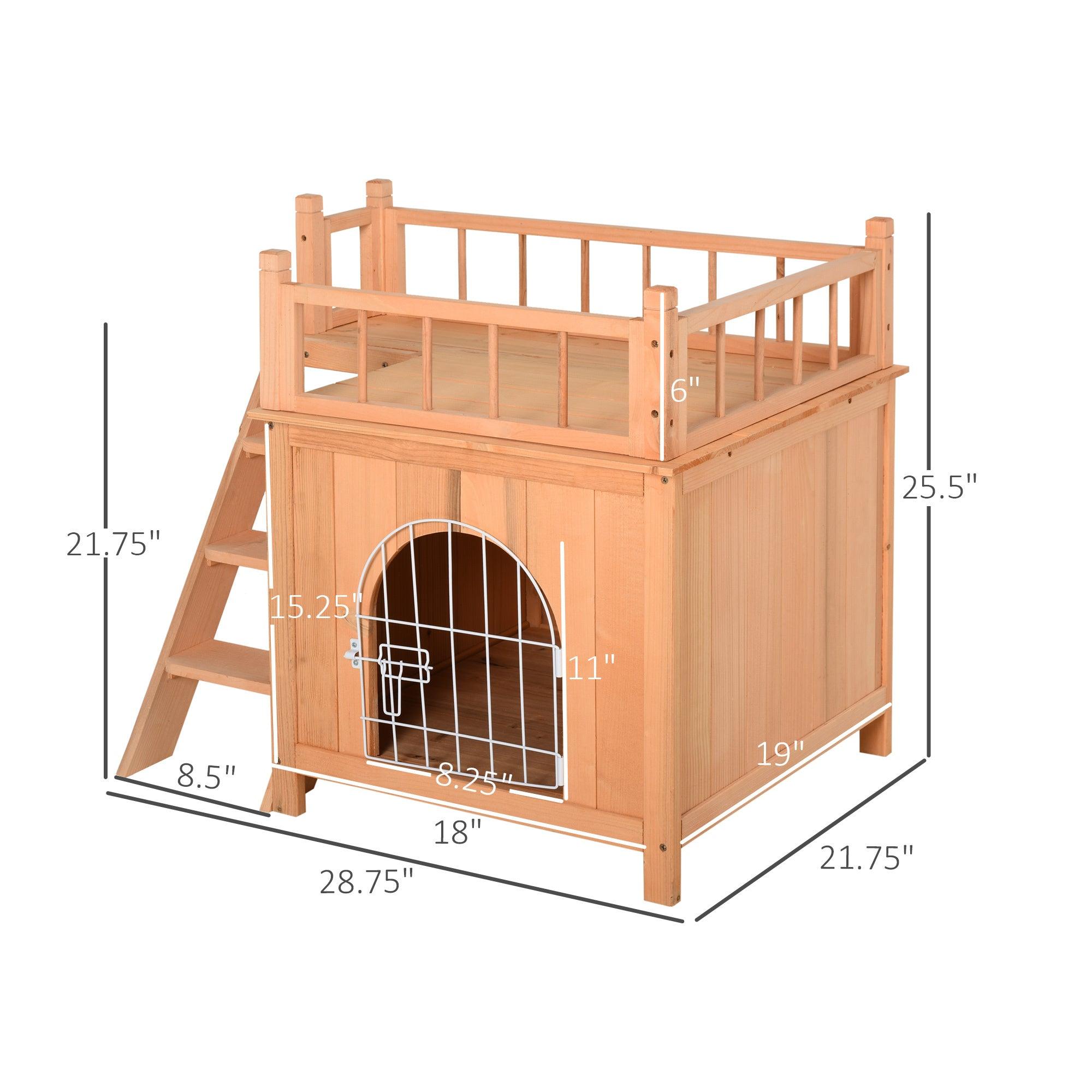2 Level Wooden Cat House with Lockable Wire Door & Balcony - Outdoor Cat Condo & Dog Shelter, Natural Wood - Perfect for Backyard, Patio, or Indoor Pet Play Area