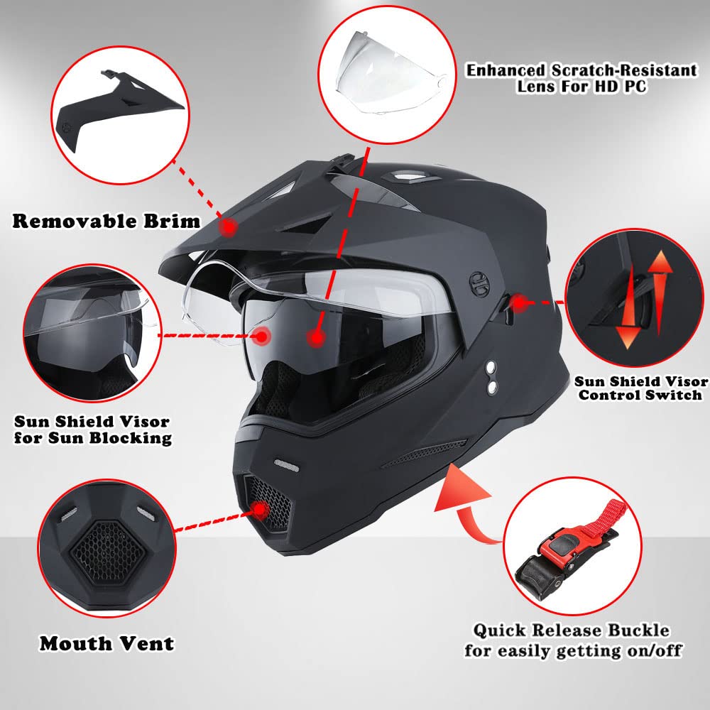 1Storm HF802 Dual Sport Motorcycle Helmet - DOT Approved Full Face Motocross Helmet with Dual Visor for Off-Road Riding | Ideal for Adventure Touring, Dirt Biking & Street Riding