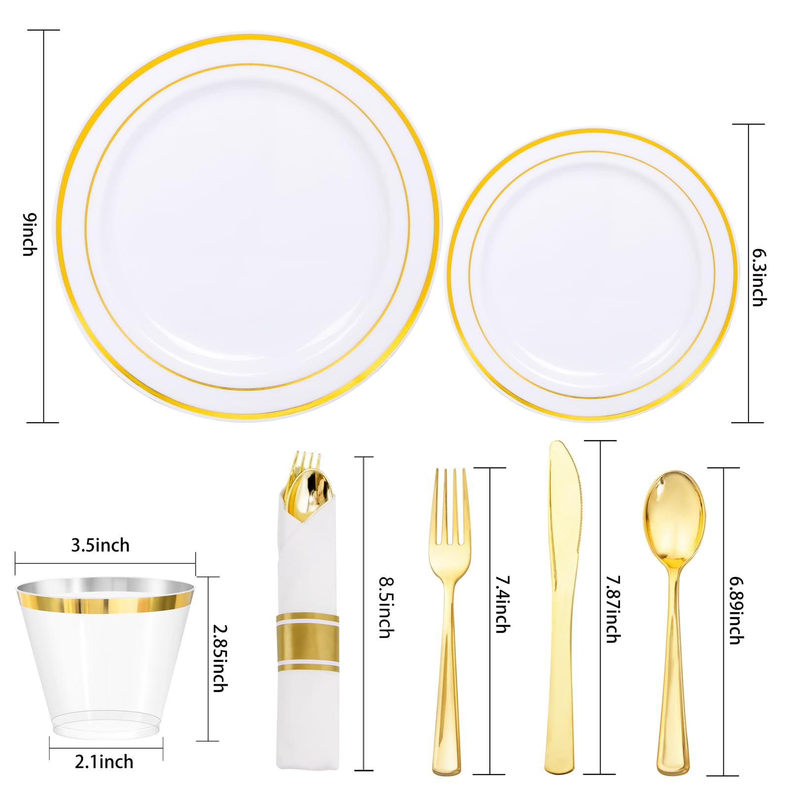 350-Piece Gold Dinnerware Set for 50 Guests - Elegant Disposable Gold Plastic Plates & Cutlery Includes 50 Dinner Plates, 50 Dessert Plates, 50 Pre-Rolled Napkins with Gold Silverware - Perfect for Weddings, Parties, Banquets & Special Events