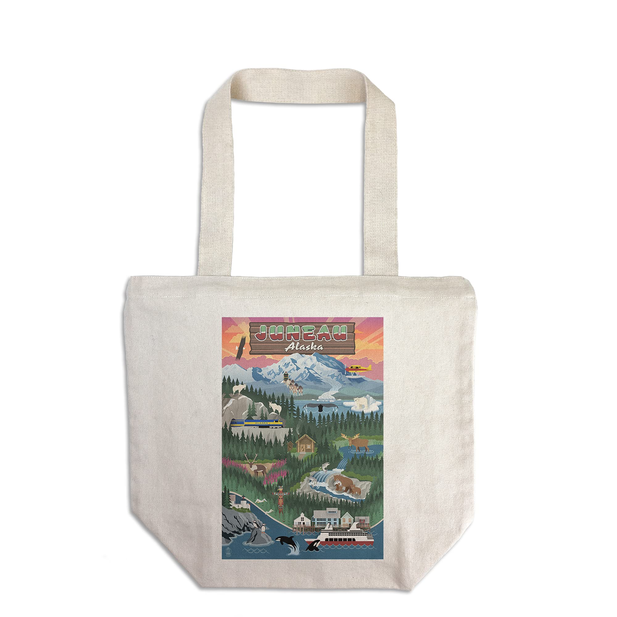 Lantern Press Juneau Alaska Retro Scenes - 100% Cotton Canvas Reusable Tote Bag for Shopping, Beach & Groceries | Eco-Friendly & Durable