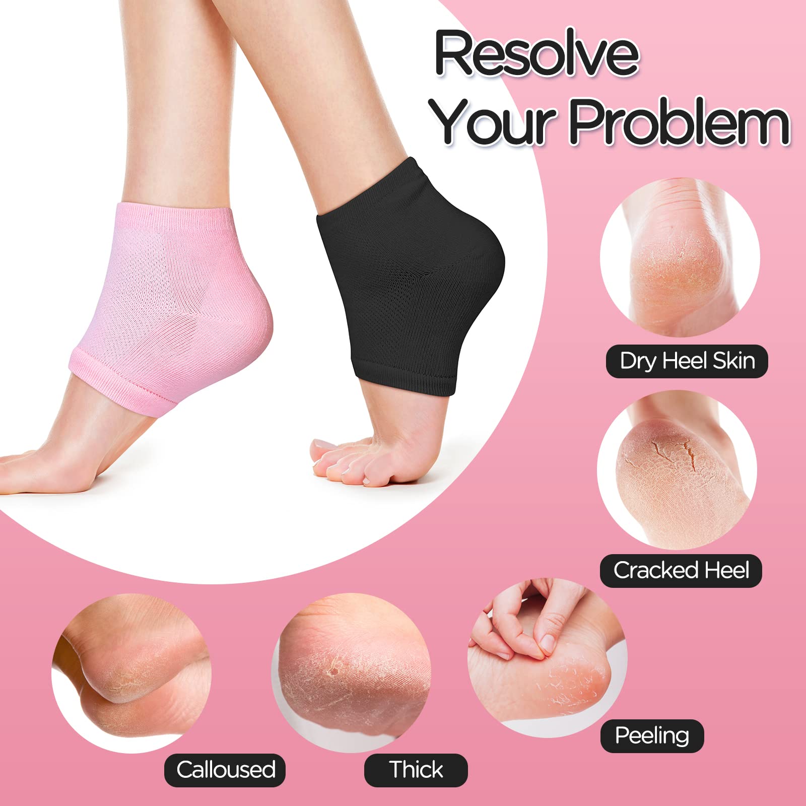8 Pairs Black Moisturizing Gel Socks for Dry Cracked Heels - Open Toe Spa Lotion Socks for Men & Women - Heal & Soften Feet Overnight While Sleeping - Perfect for Pedicures, Foot Care & Relaxation at Home