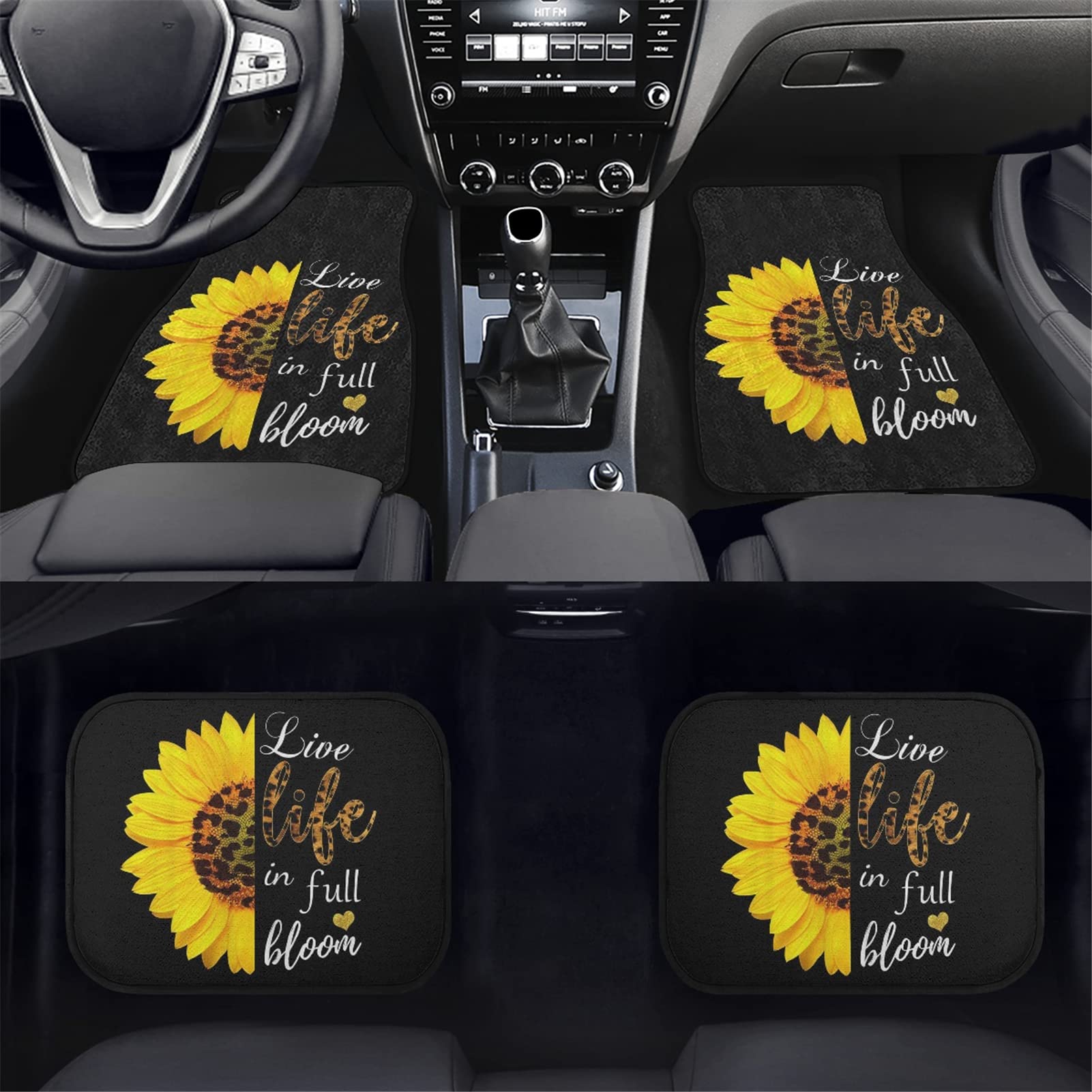 Premium Non-Slip All Weather Car Floor Mats - Sunflower Cheetah Print Full Set (Front & Rear) | Heavy Duty Auto Accessories for Women | Perfect for SUVs, Sedans & Daily Commutes