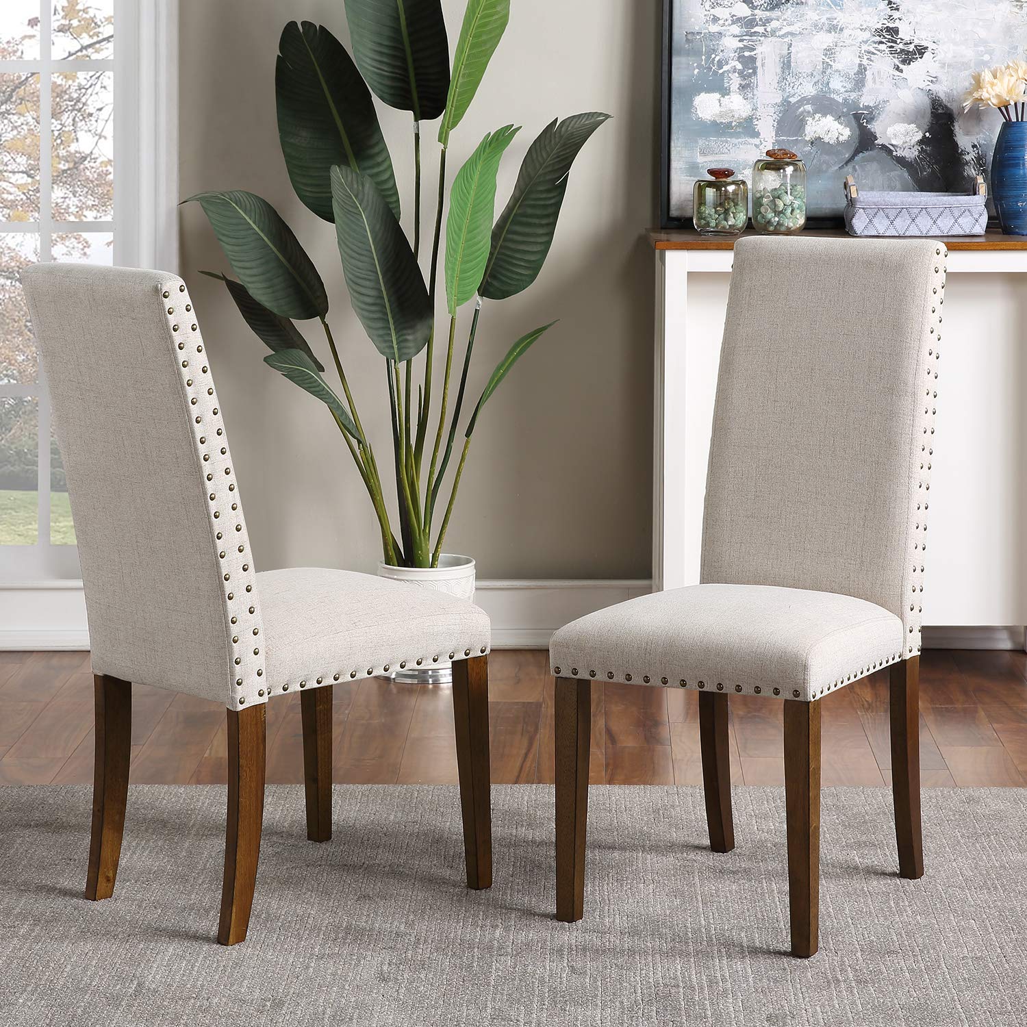 LEEXCCOS 2-Piece Fabric Dining Chairs Set - Soft Upholstered Accent Chairs with Thickened Padding, Copper Nails & Solid Wood Legs - Easy Assembly for Living Room, Dining Room & Home Office (Beige) | Perfect for Small Spaces, Apartment Dining & Modern Home Decor
