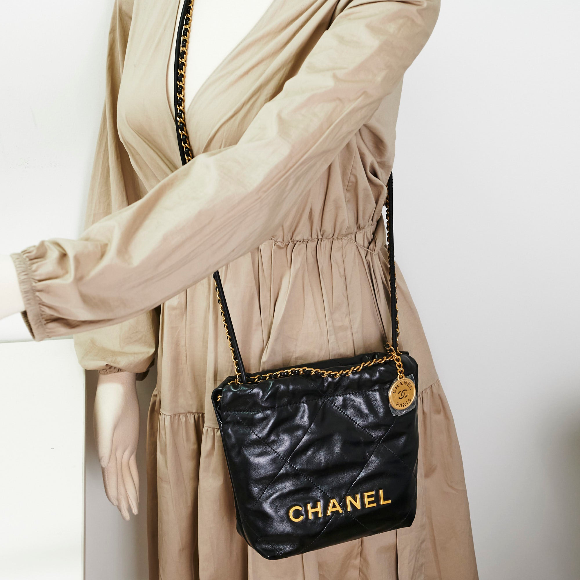 Chanel Mini 22 Bag Black Lambskin Leather Crossbody Purse for Women - Perfect for Date Night & Evening Events