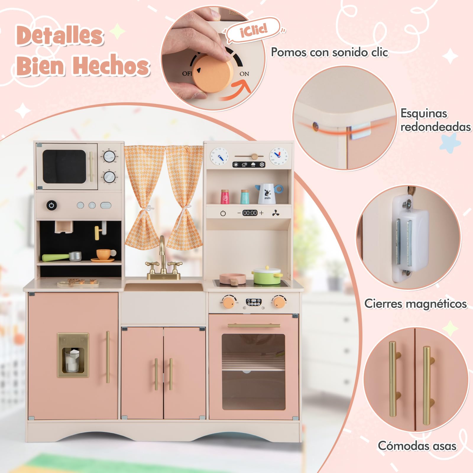 COSTWAY Wooden Play Kitchen Toy with Microwave, Coffee Maker, Ice Machine, Sink, Clock, Oven & Accessories - Pink Pretend Cooking Set for Toddlers & Kids Ages 3+ | Interactive Role Play, Imaginative Fun, Birthday Gift for Girls & Boys | Perfect for Home, Preschool & Daycare Playrooms